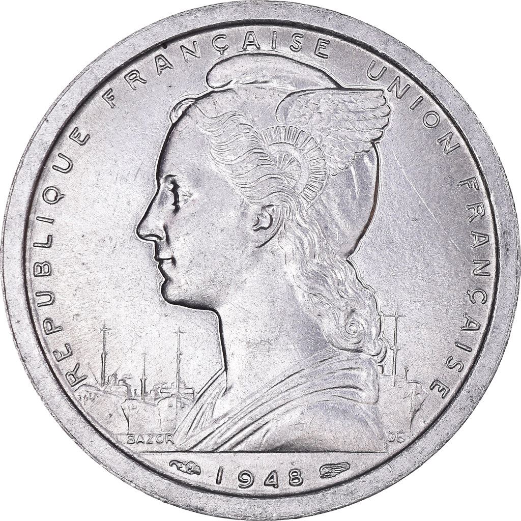 French Cameroon | 2 Francs Coin | Liberty | Phrygian cap | Gazelle | Ships | Km:9 | 1948