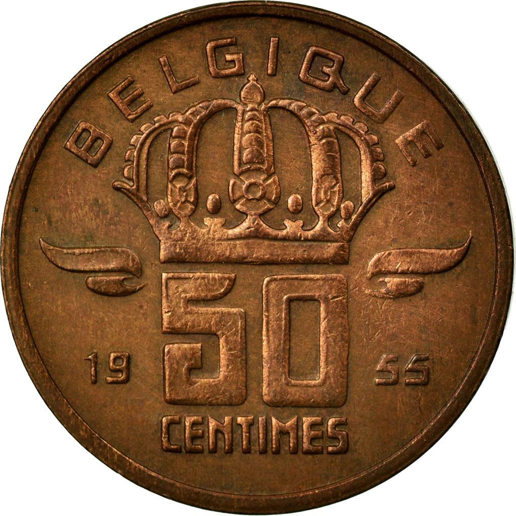 Belgium | 50 Centimes Coin | Miner | Lamp | Crown | Wings | Km:144 | 1952 - 2001