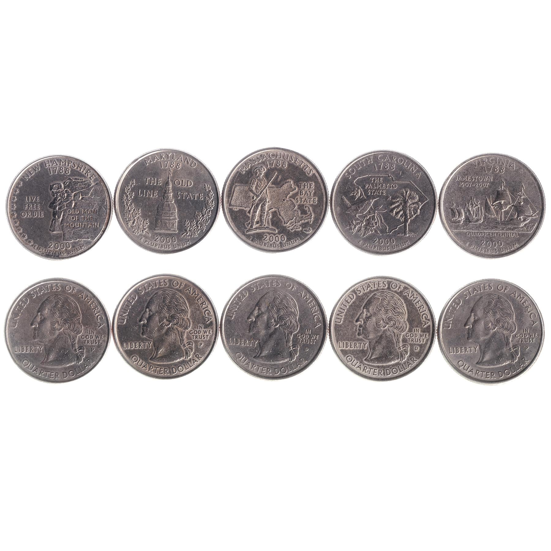 American 5 Coin Set ¼ Dollar | George Washington | Carolina Wren | Maryland Statehouse | The Old Man Of The Mountain | Susan Constant | Godspeed | Discovery | United States | 2000