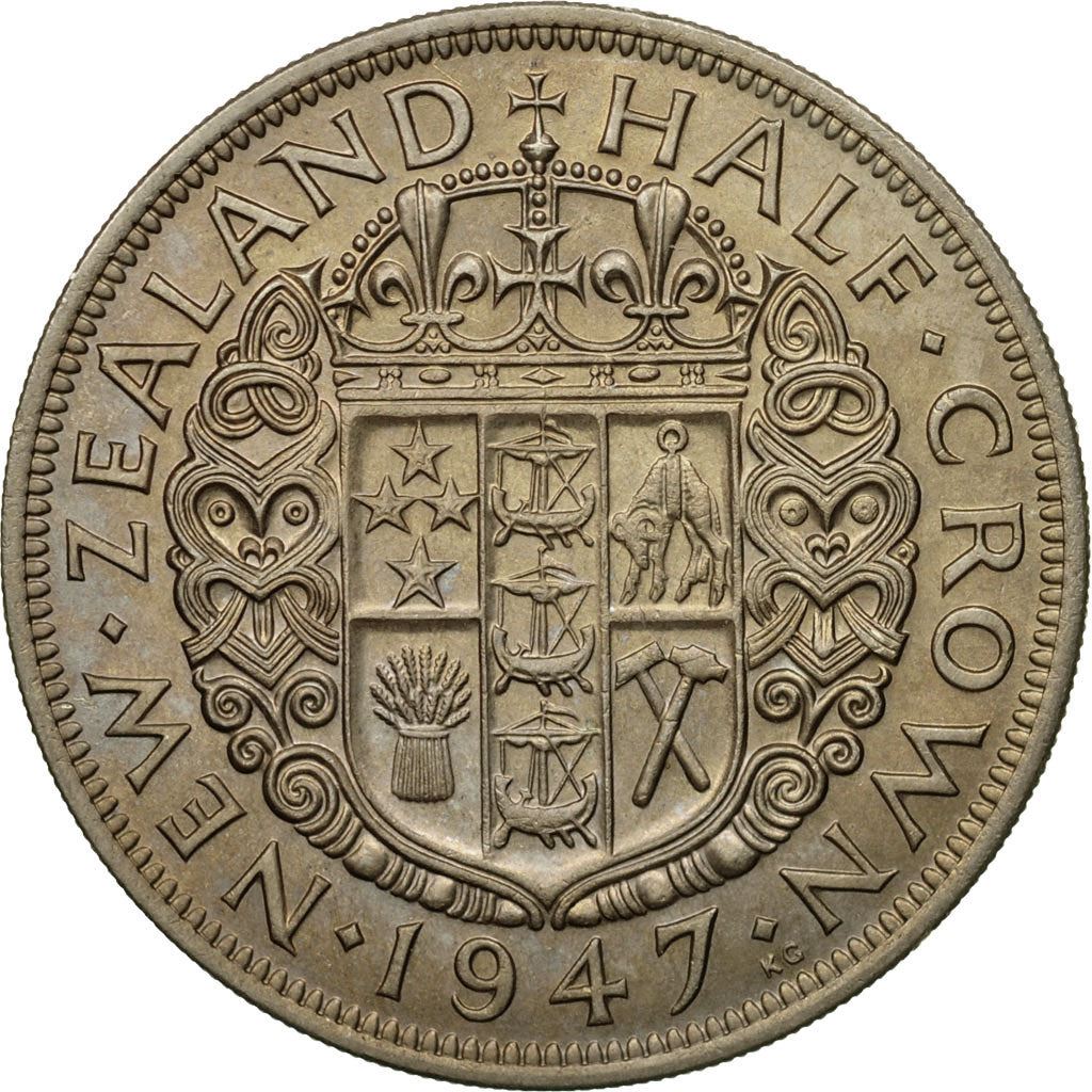 New Zealand | 1/2 Crown Coin | George VI | Crowned Shield | Maori Ornaments | Km:11A | 1947