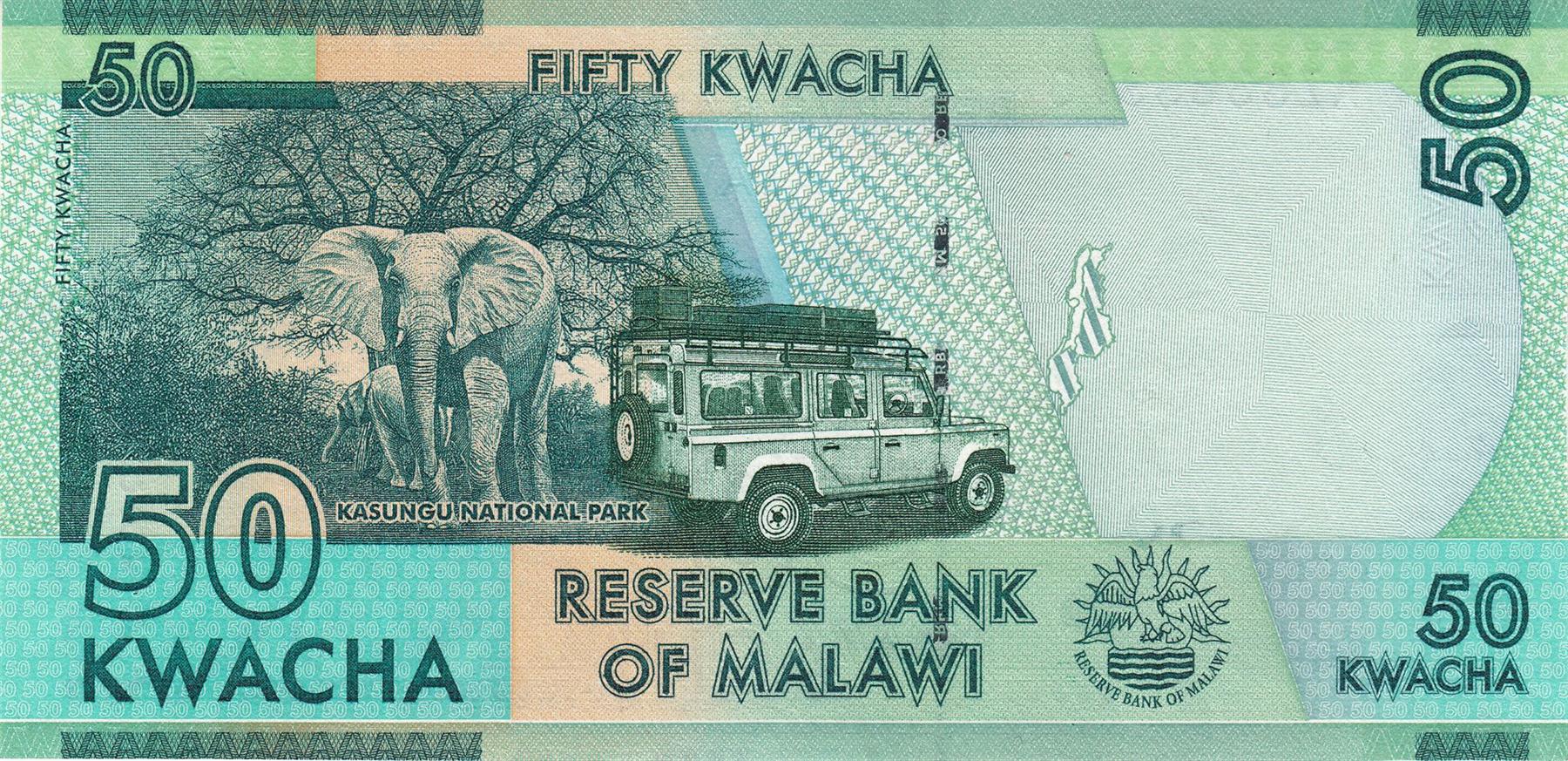 Malawi | 50 Kwacha Banknote | 2014 - 2020 | Fishermen in Boat | Reserve Bank Building | Inkosi Ya Mokhosi Philip Gomani II | Elephants | Safari