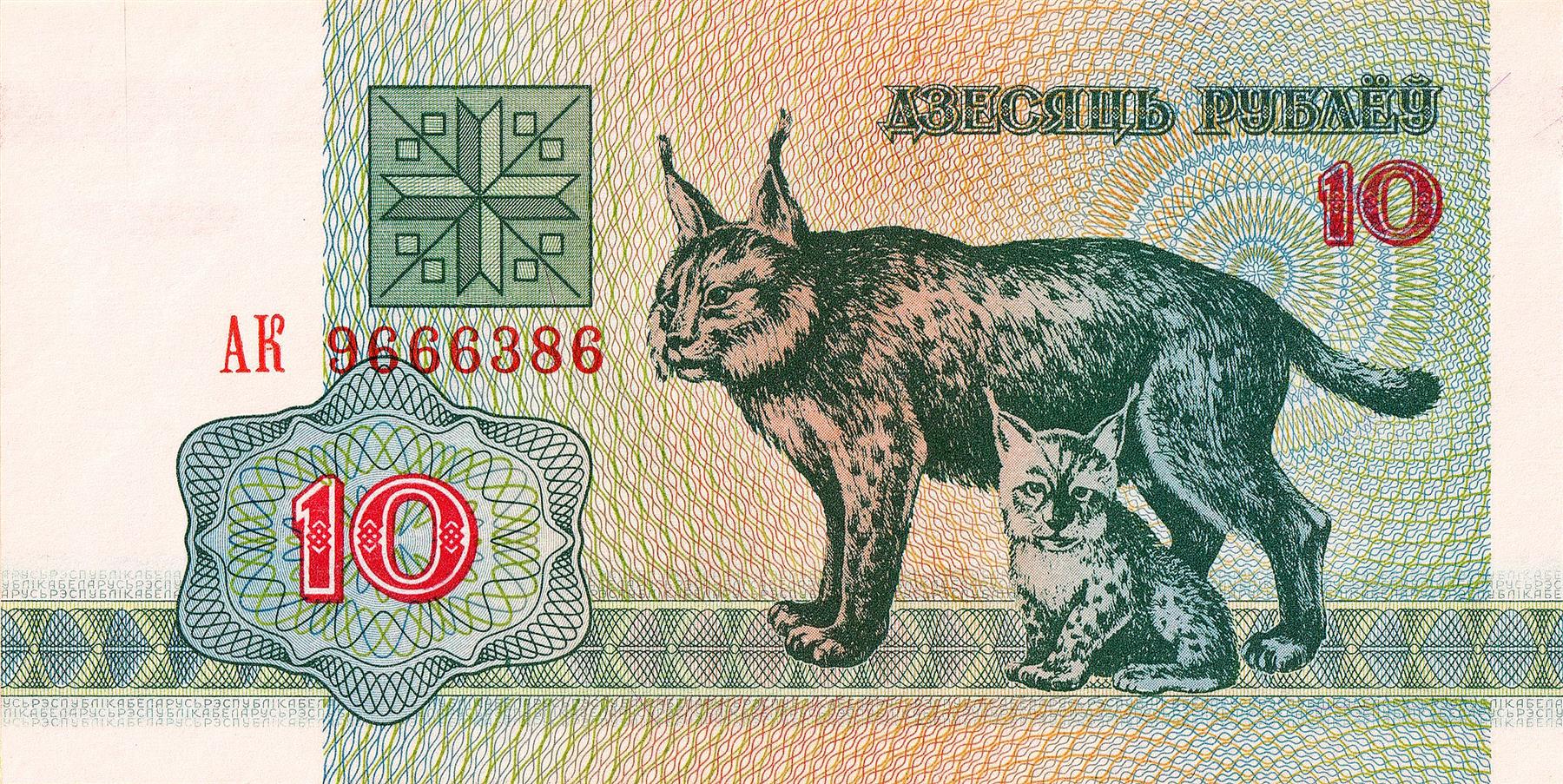 Belarus | 10 Roubles Banknote | 1992 | Eurasian Lynx | Kitten | Pahonia Warrior