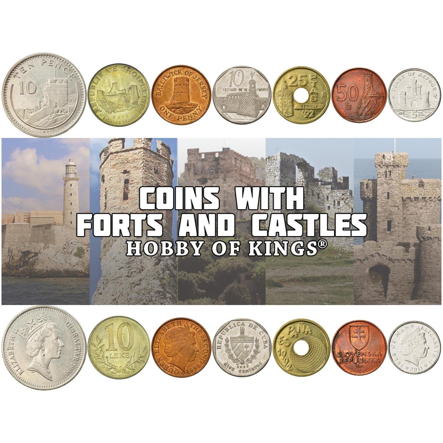 Set of 7 Coins with Fortifications | Forts | Castles | Towers | Albania, Spain, Slovakia, and more | Moorish Castle | Berat Castle | Torre del Oro | Collectible Coin Set