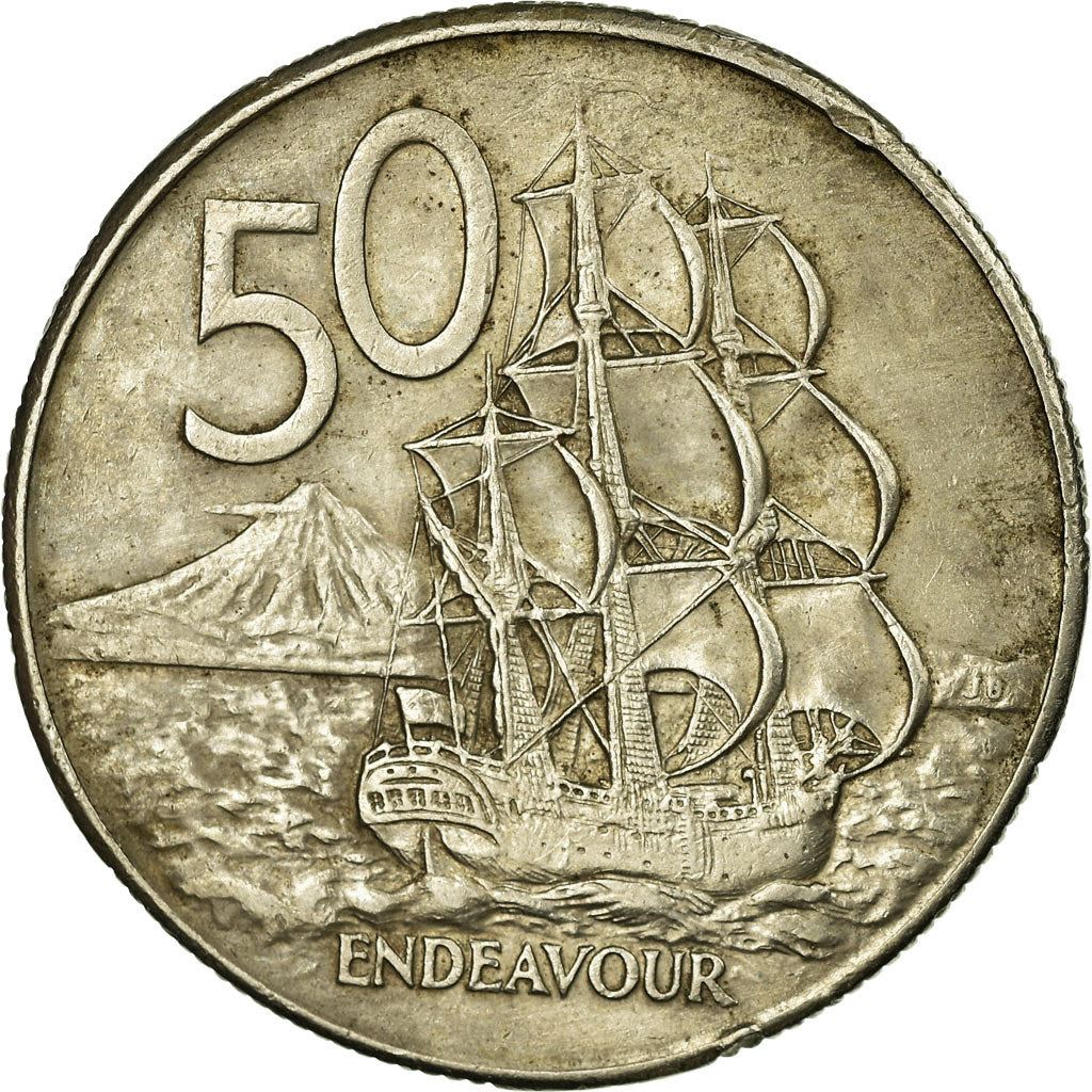 New Zealander 50 Cents Coin | Queen Elizabeth II | Captain James Cook | HMS Endeavour | KM37 | 1967 - 1985