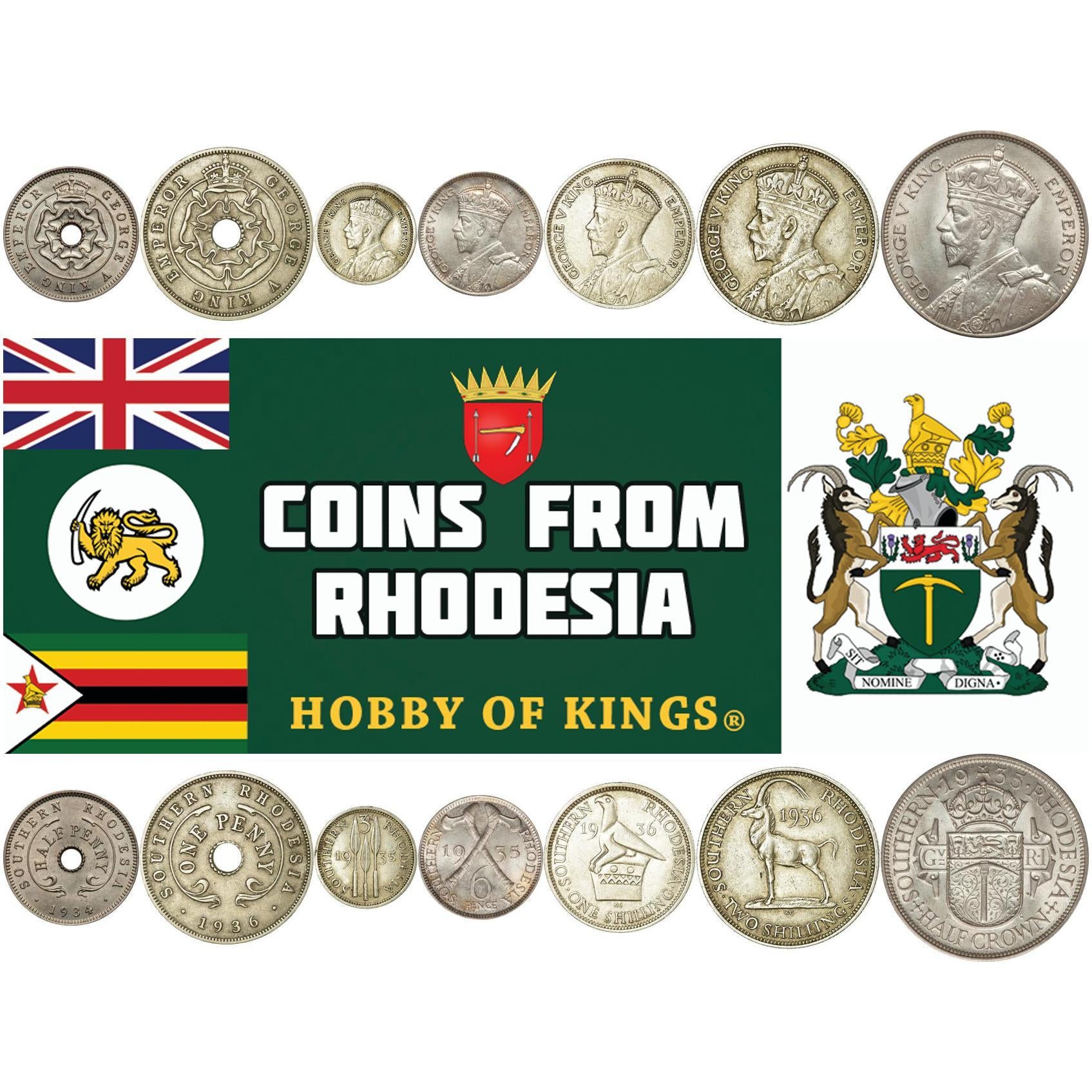 Southern Rhodesia | 7 Coin Set | 1/2 1 Penny 3 6 Pence 1 Shilling 2 Shillings 1/2 Crown | 1932 - 1936
