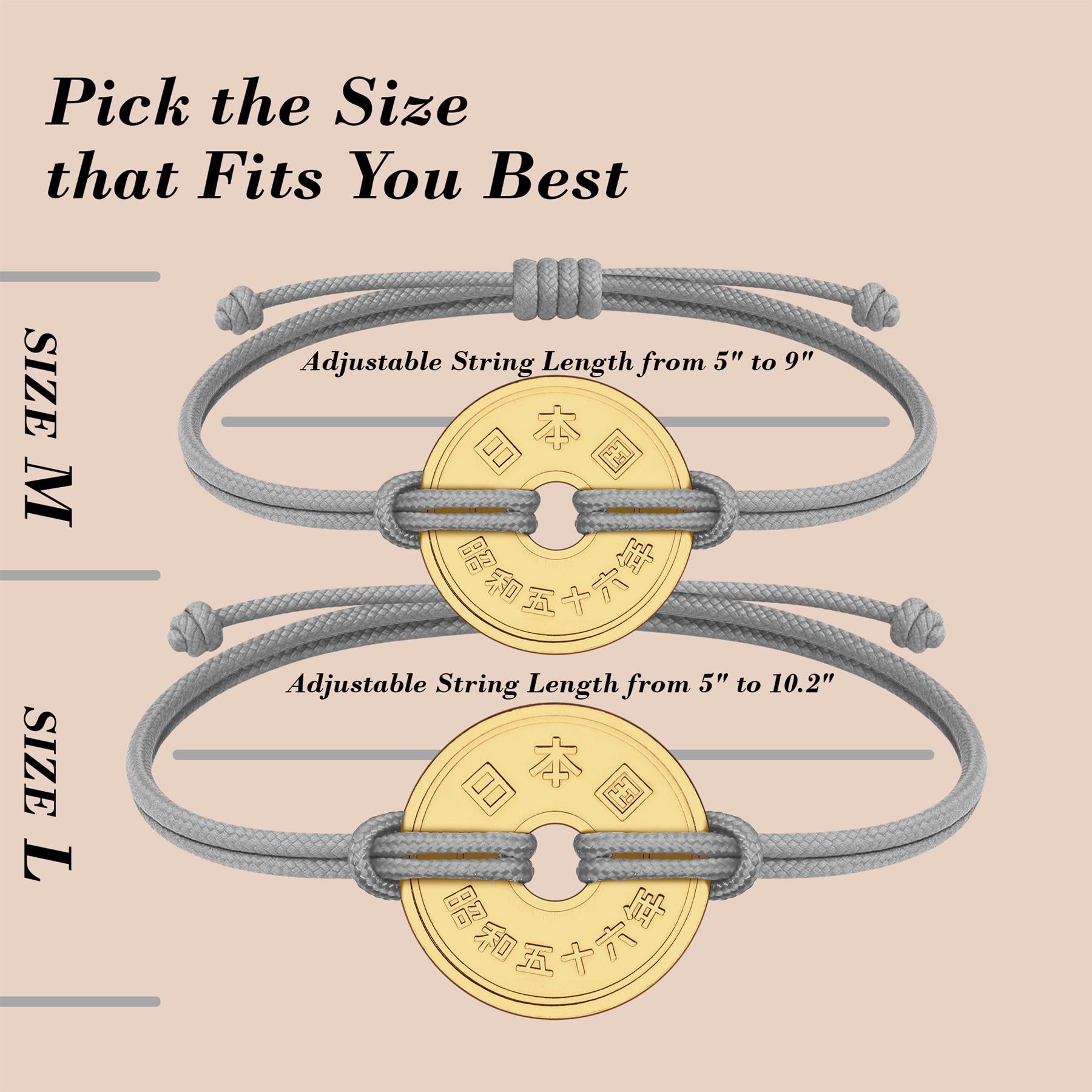 Good Luck Coin Bracelet | Gray String Thread Wristband | Japan Coin 5 Yen | 18k Gold Plated Fortune Wealth & Protection