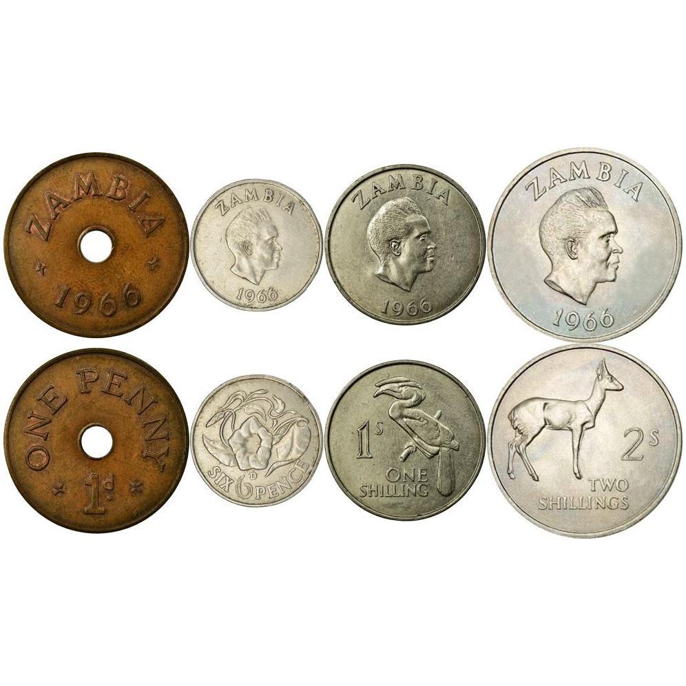 Zambia | 4 Coin Set | 1 Penny 6 Pence 1 Shilling 2 Shillings | 1966