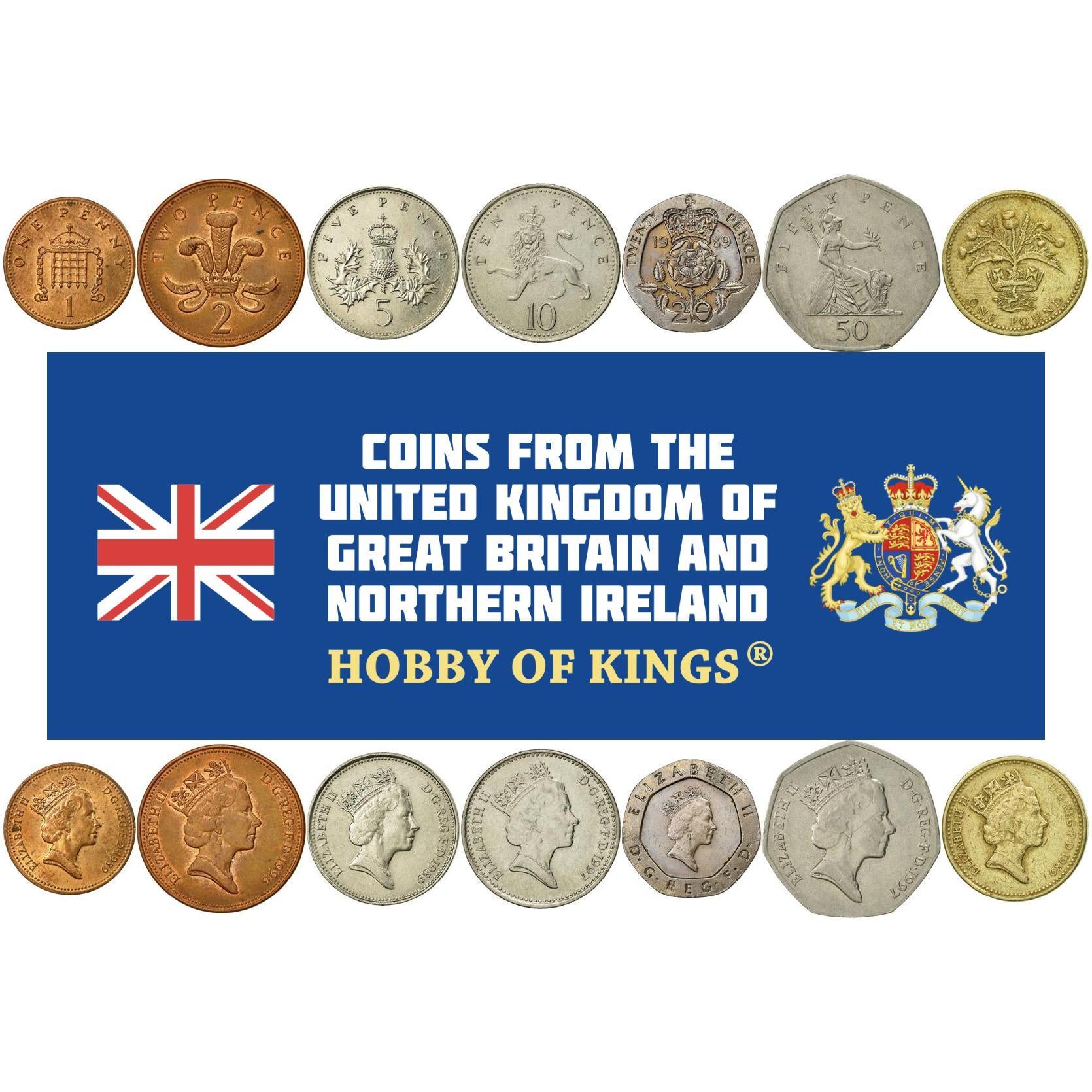 United Kingdom | 7 Coin Set | 1 Penny 2 5 10 20 50 Pence 1 Pound | 1985 - 1997