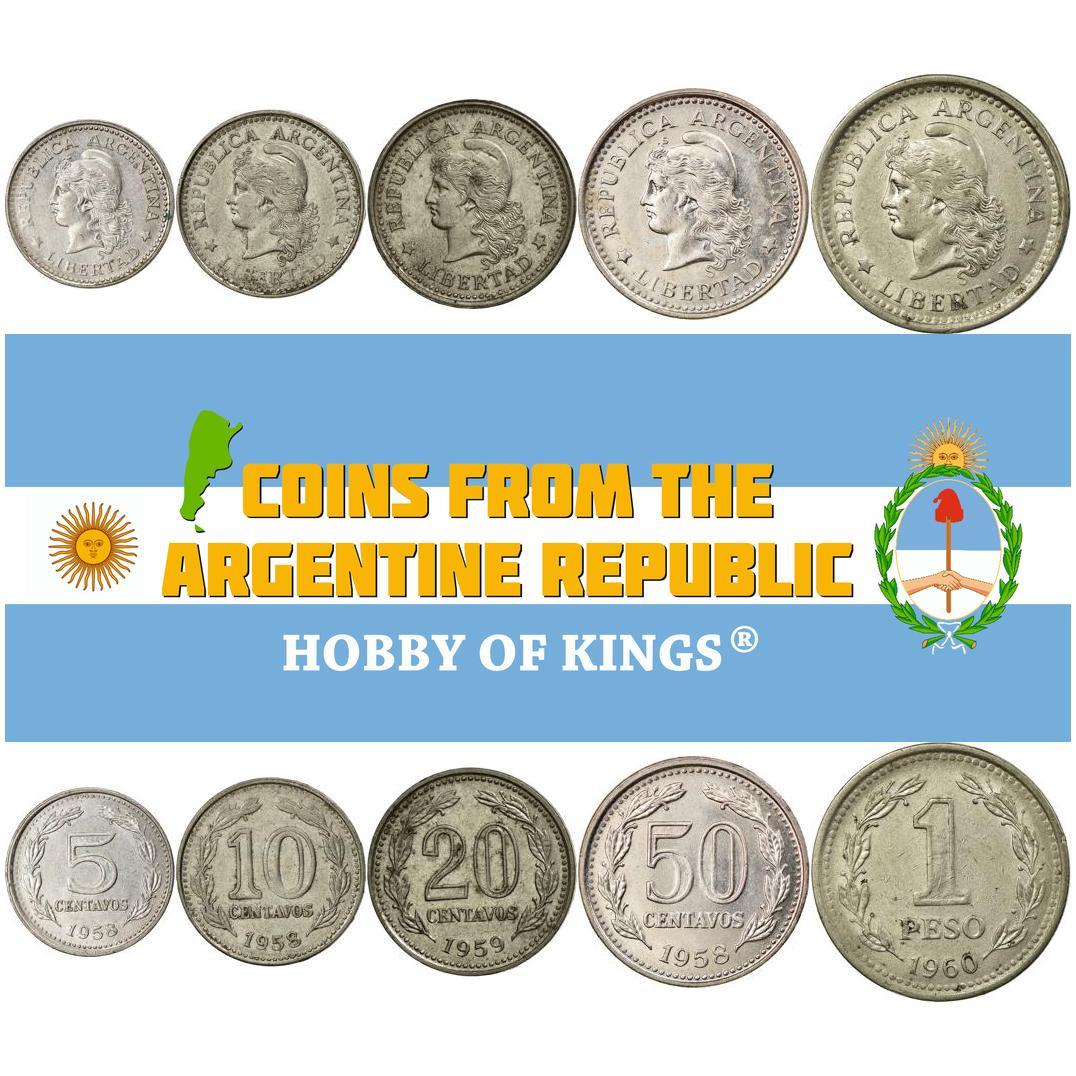 Argentine 5 Coin Set 5 10 20 50 Centavos 1 Peso | Marianne | Phrygian Cap | 1957 - 1962