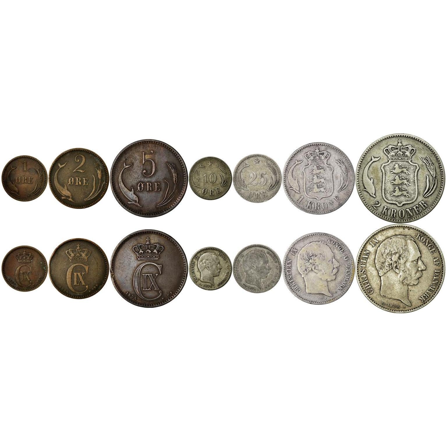 Denmark | 7 Coin Set | 1 2 5 10 25 Ore 1 Krone 2 Kroner | 1874 - 1906