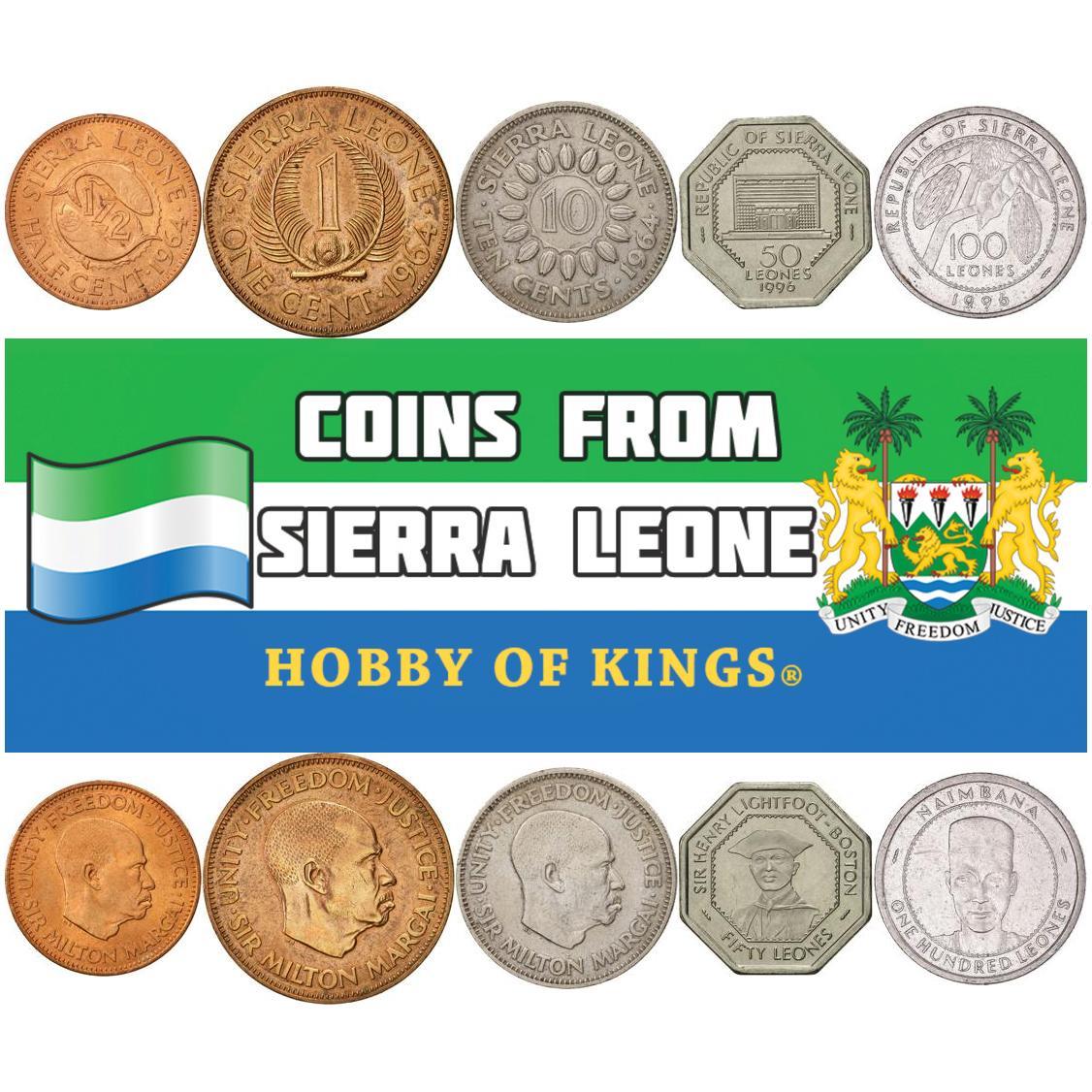 5 Mixed Coins | Sierra Leone | 1/2 Cent - 100 Leones | Bonga Shad Fish | Fern Leaves | Milton Margai | Cocoa Fruit