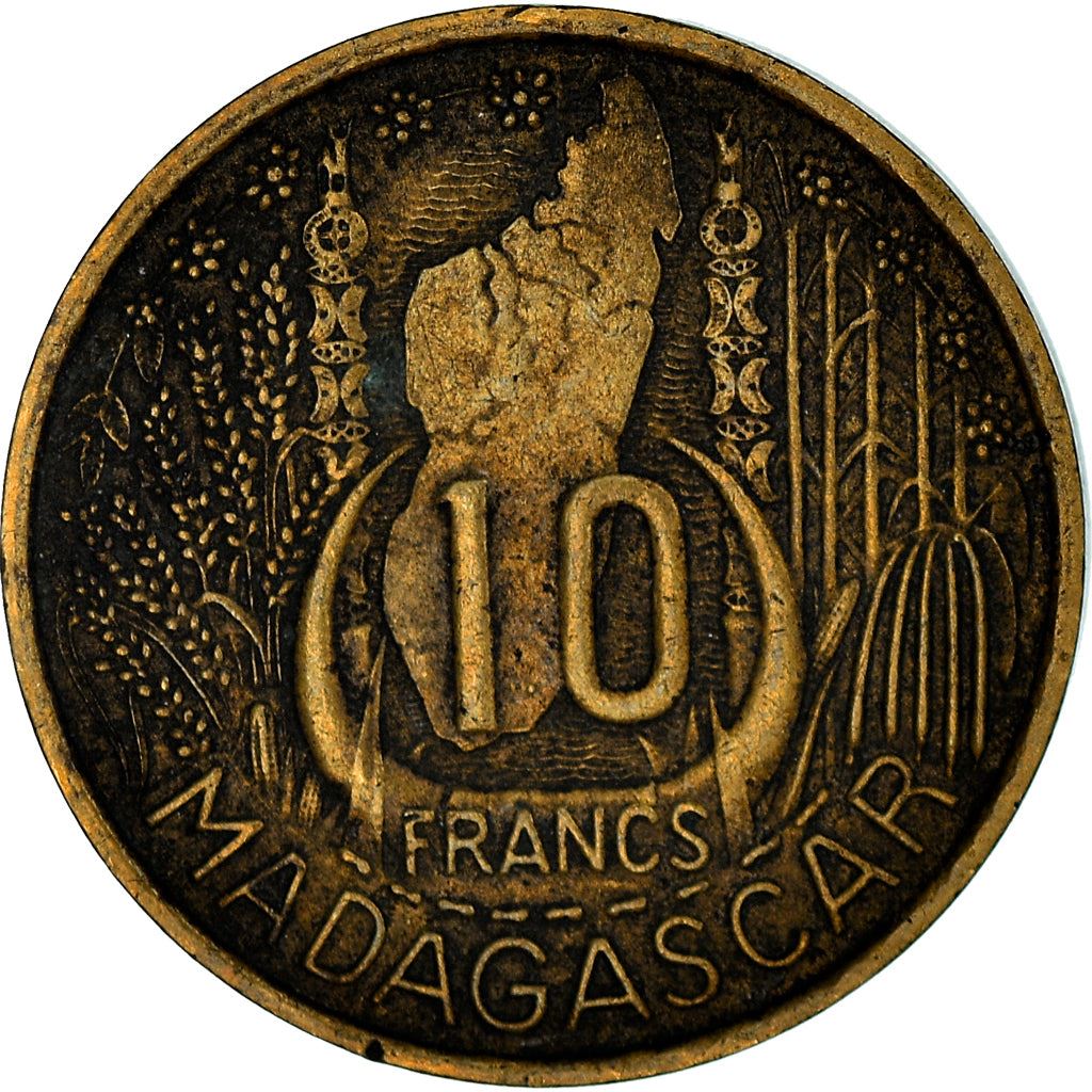 Madagascar | 10 Francs Coin | Marianne | Cargo Ship | Map | Horns | Km:6 | 1953
