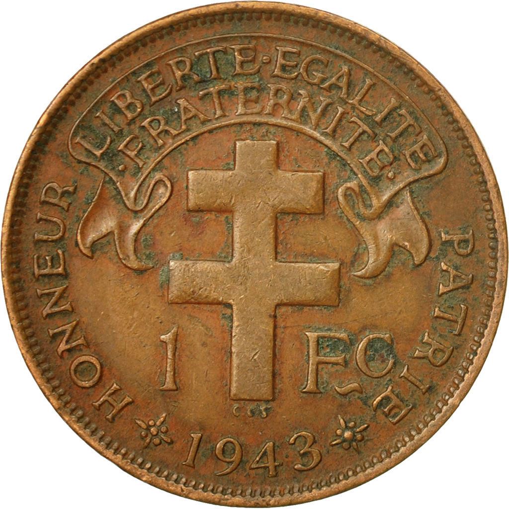 French Cameroon | 1 Franc Coin | Rooster | Lorraine Cross | Km:5 | 1943