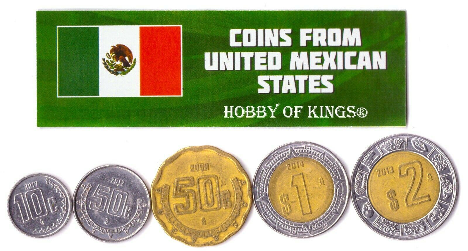 5 Mixed Coins From Mexico | 10 Centavos - 2 Pesos | 1970 - 2018