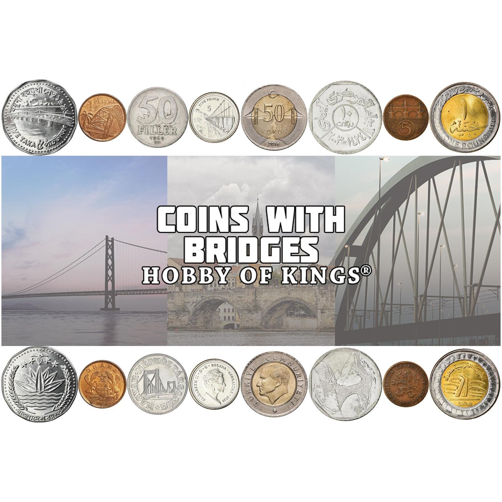8 Coin Set | Coins with Bridges | Featuring Elisabeth, Charles, Bosphorus, Jamuna, and Shaharah Bridge | Global Numismatic Collection