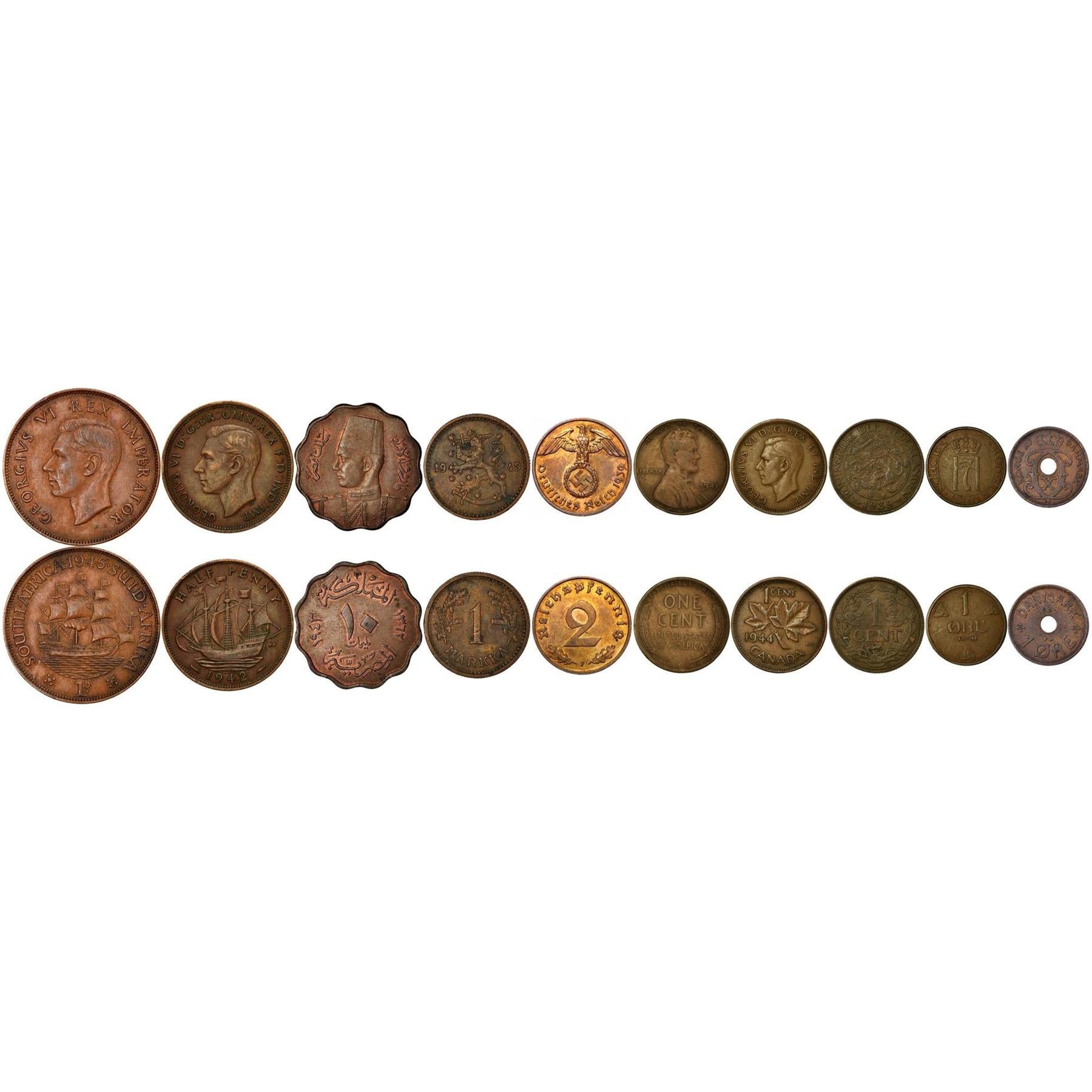 WWII Bronze Coin Set - 10 Vintage Wartime Coins from 1939-1945 - Historic Bronze Currency from Allied and Axis Powers - World War II Numismatic Collection