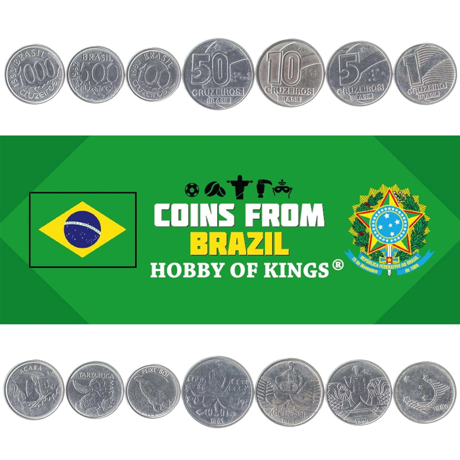 Rinkinys 7 monetų Brazilija 1 5 10 50 100 500 1000 Cruzeiros Brazilijos valiuta 1990 - 1993