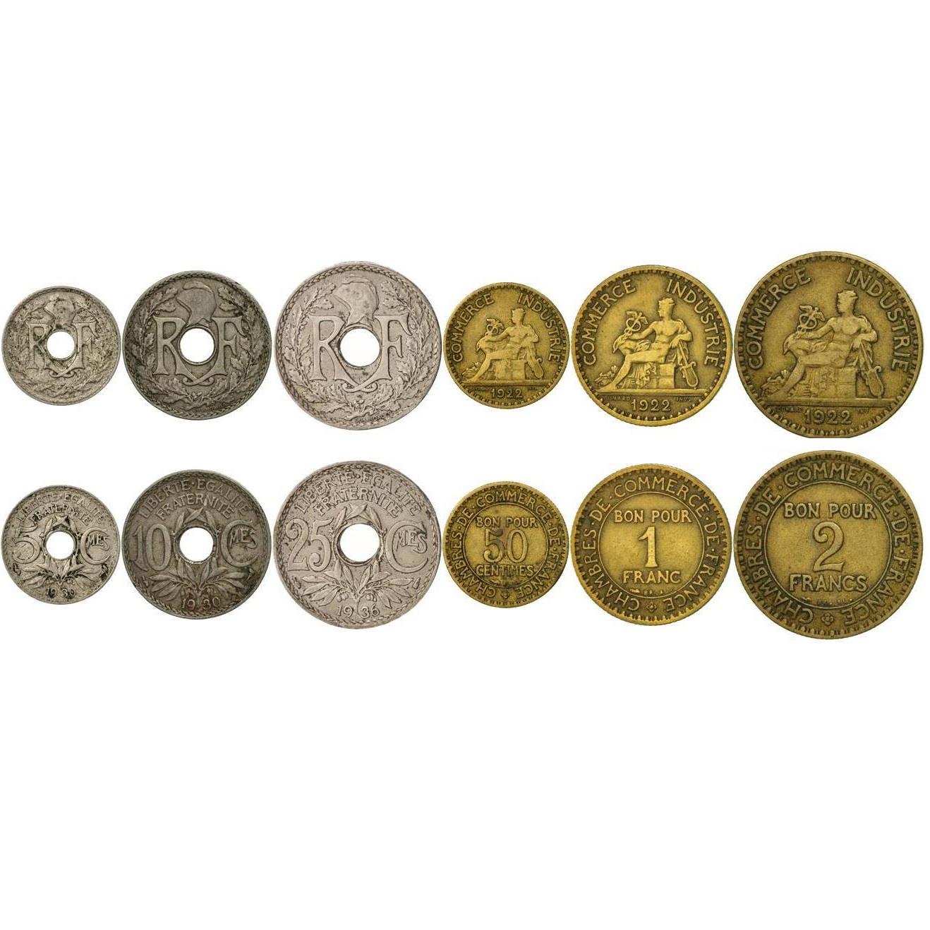 France | 6 Coin Set | 5 10 25 50 Centimes 1 2 Francs | Phrygian cap | Mercury | 1917 - 1938