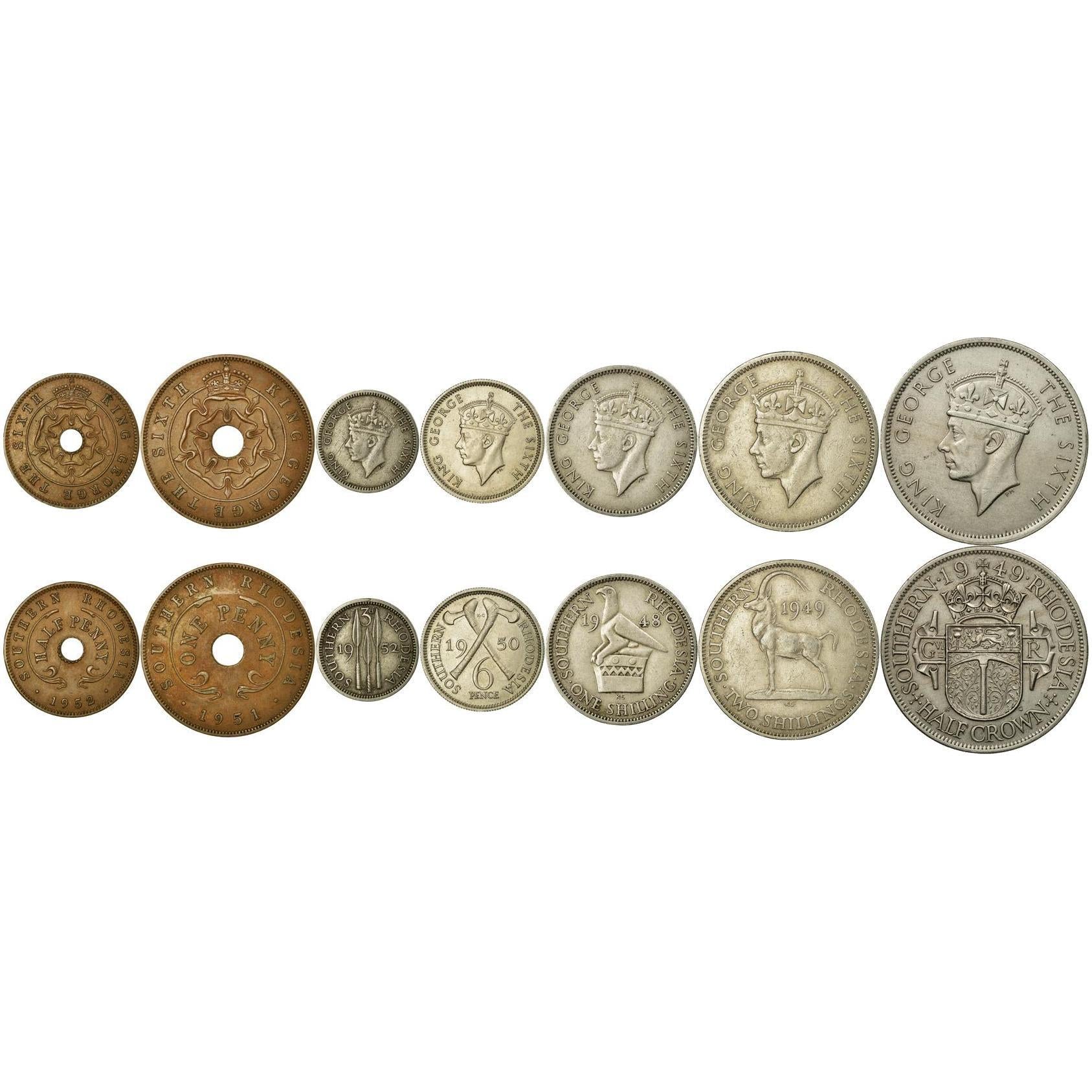 Southern Rhodesia | 7 Coin Set | 1/2 1 Penny 3 6 Pence 1 Shilling 2 Shillings 1/2 Crown | 1948 - 1952