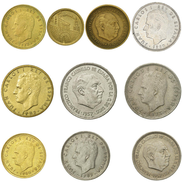 10枚のスペイン硬貨 | スペイン通貨コレクション | 1 - 100ペセタ