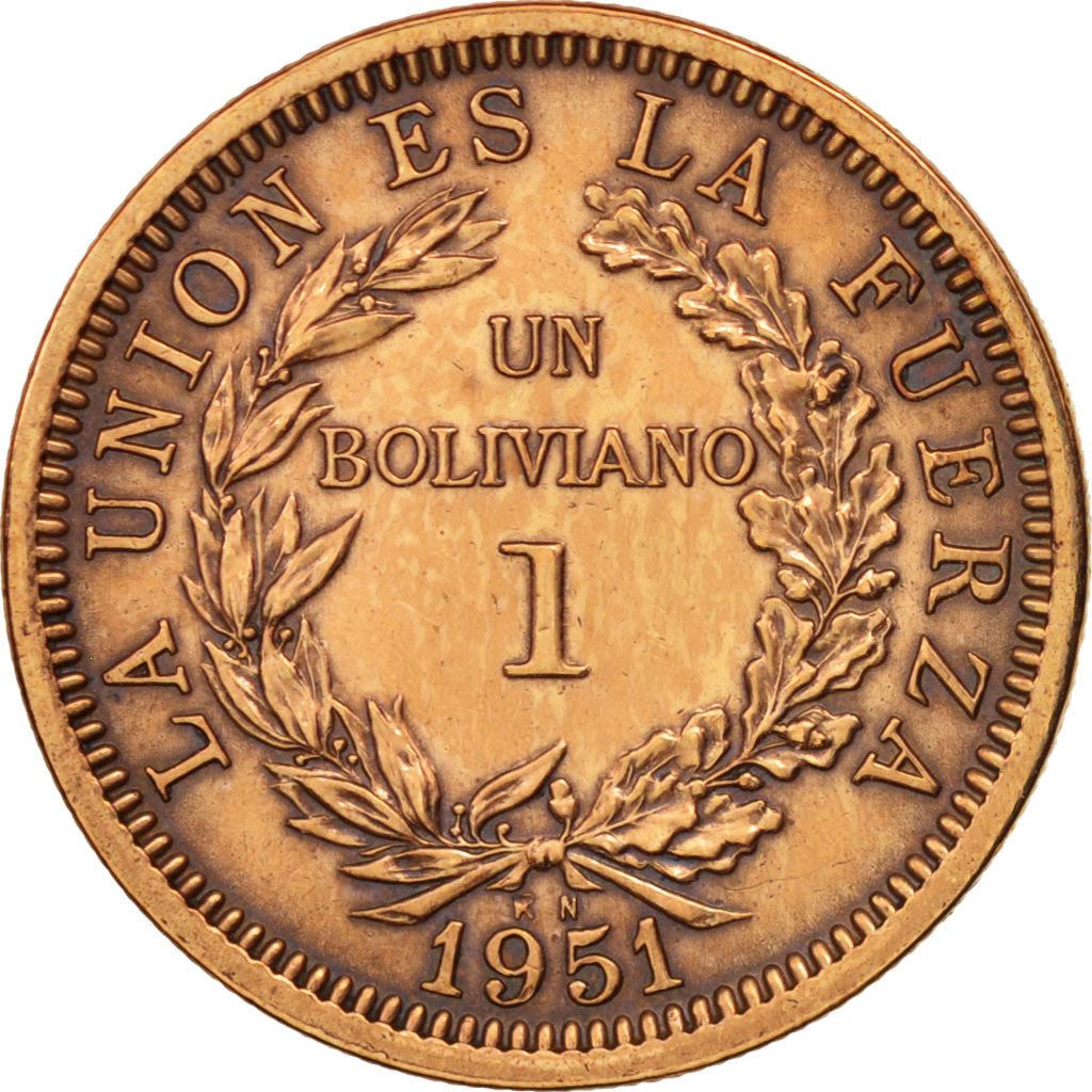 Bolivia | 1 Boliviano Coin | Bronze | Coat of Arms | KM:184 | 1951