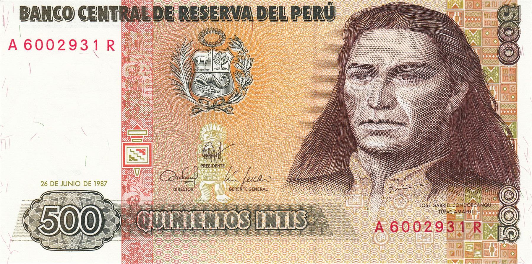 Peru | 500 Intis Banknote | 1985 - 1987 | Jose Gabriel Condorcanqui | Tupac Amaru II | Huascarán Mountain | Climber