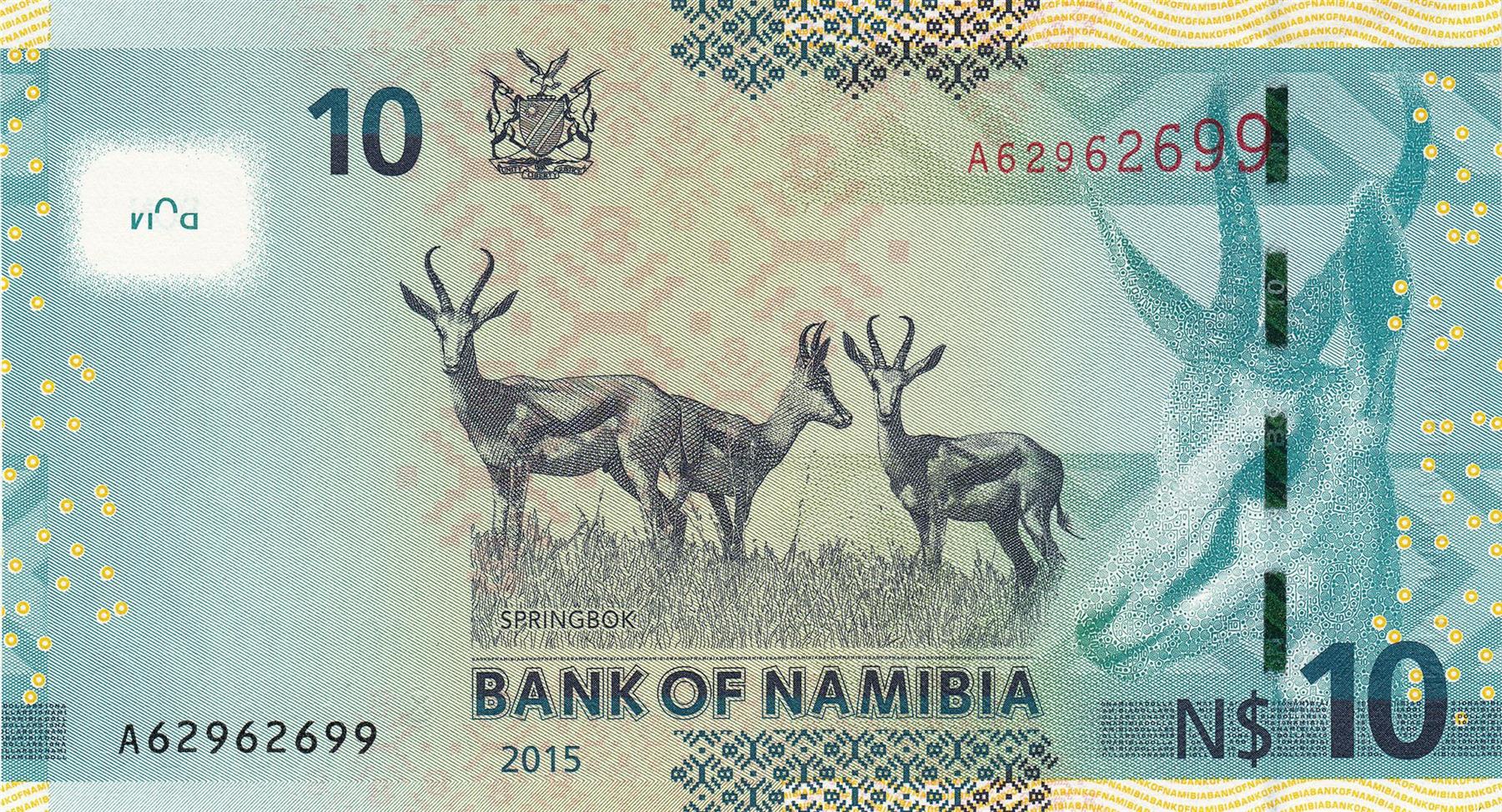 Namibia | 10 Dollars Banknote | 2015 - 2025 | Dr. Sam Nujoma | Parliament Building | Springbok