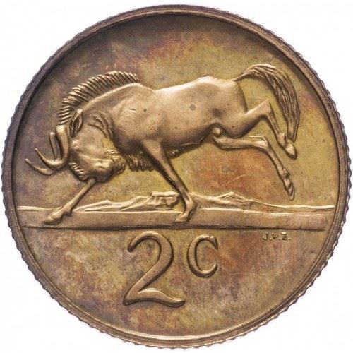 South Africa 2 Cents Coin | Afrikaans Legend - SUID-AFRIKA | KM75.2 | 1968