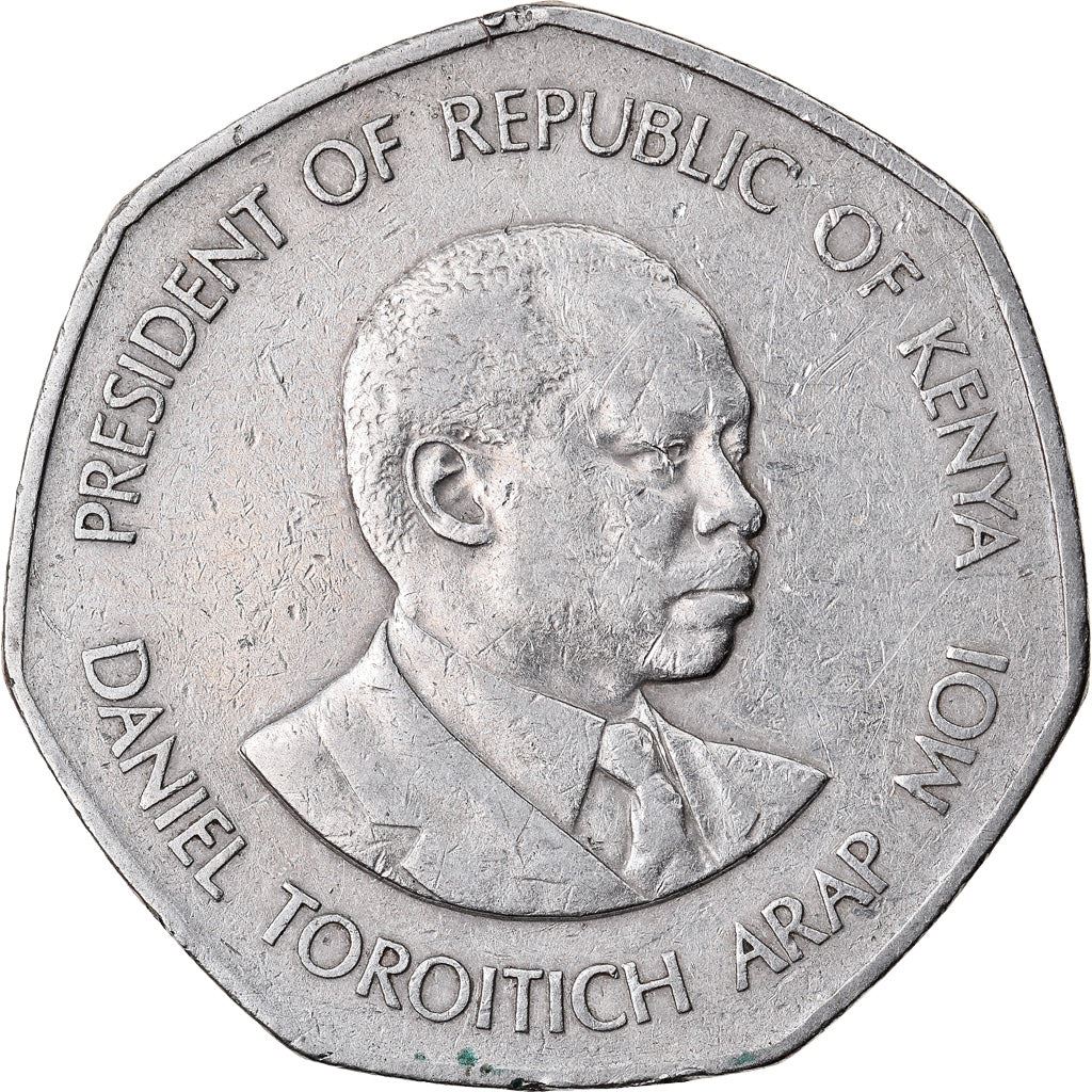 Quénia 5 xelins | Escudo | Machado | Leão | Pássaro | Moeda de Lança | KM23 | 1985
