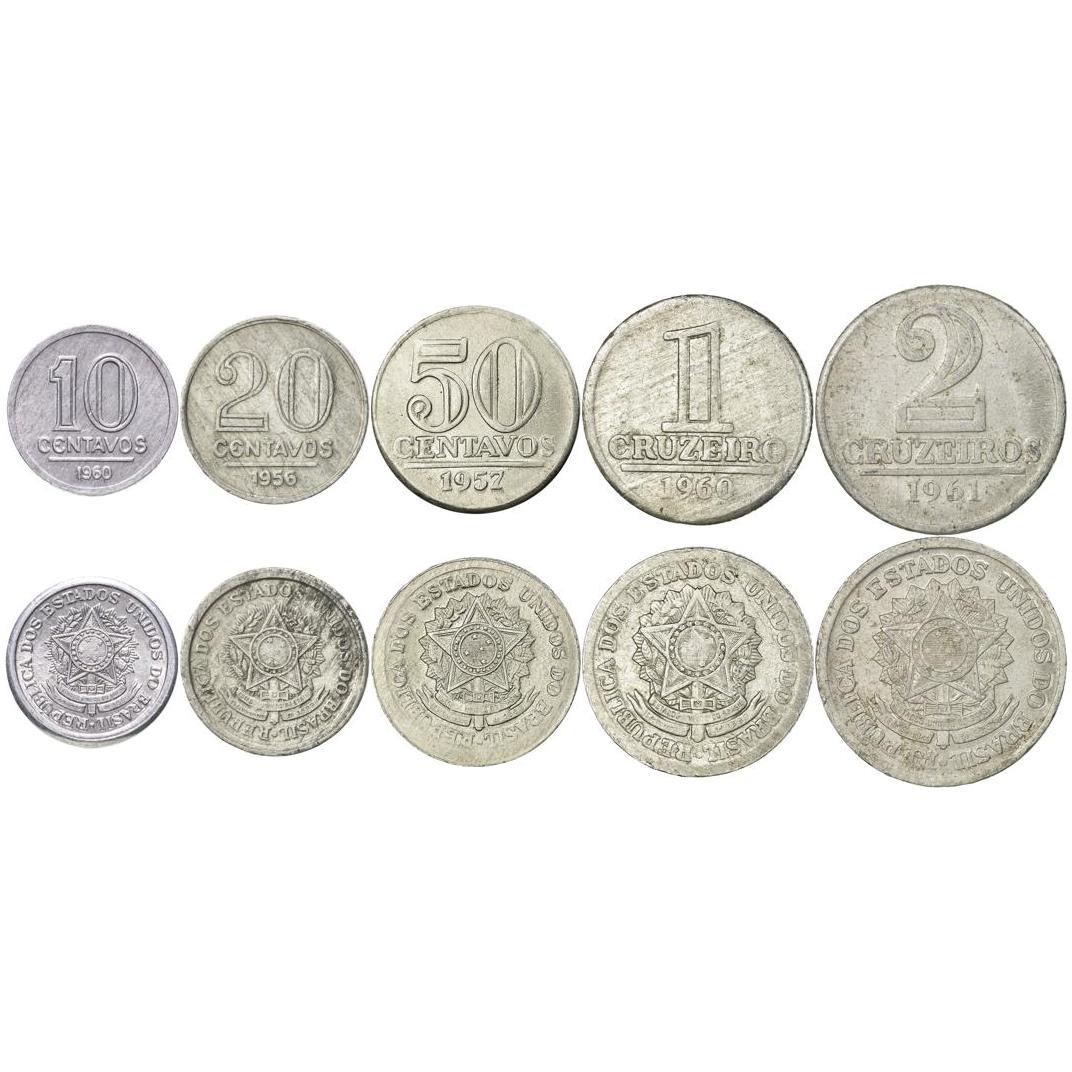 Brazil | 5 Coin Set | 10 20 50 Centavos 1 Cruzeiro 2 Cruzeiros | 1956 - 1961