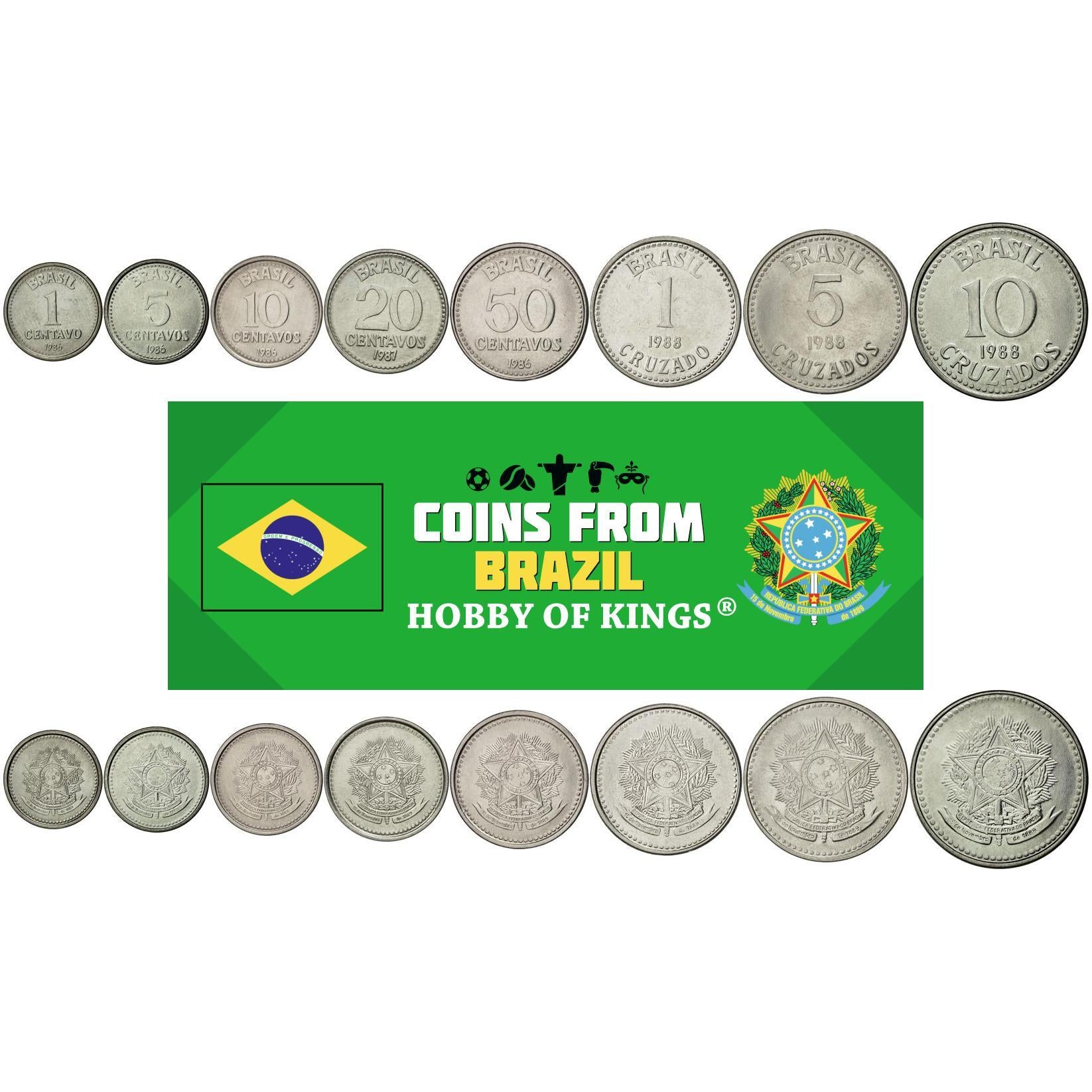 Sett med 8 mynter Brasil 1 5 10 20 50 centavos 1 5 10 cruzados brasiliansk valuta 1986 - 1988