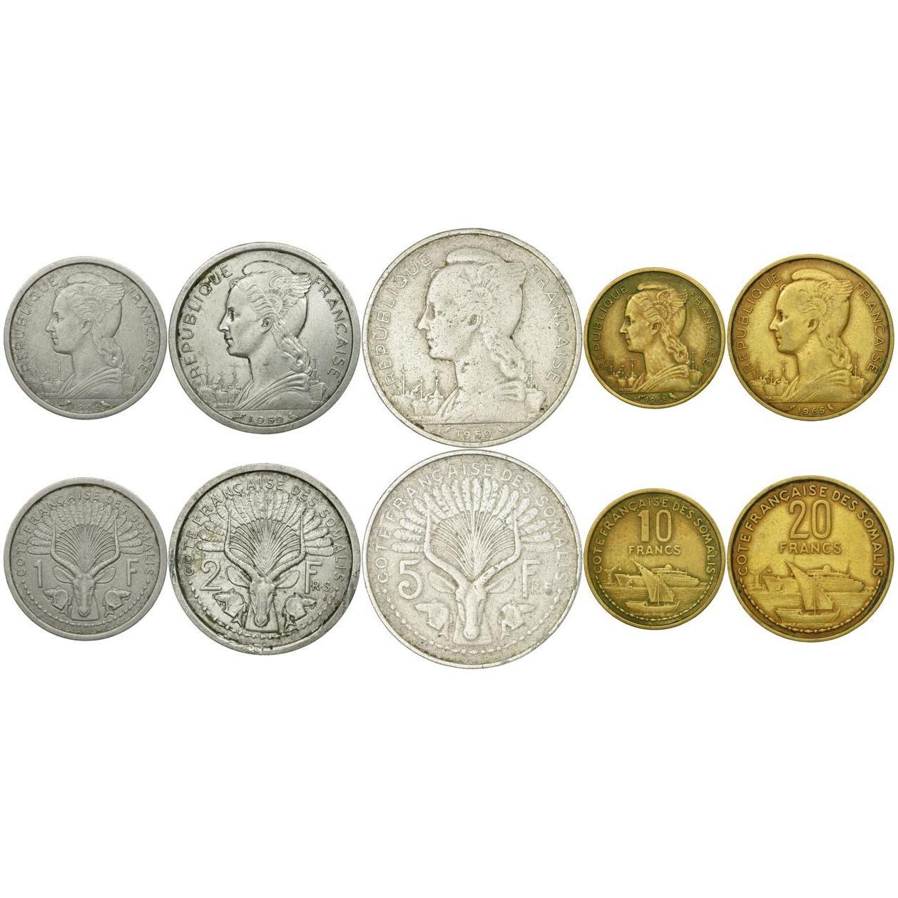 French Somaliland | 5 Coin Set | 1 Franc 2 5 10 20 Francs | 1959 - 1965
