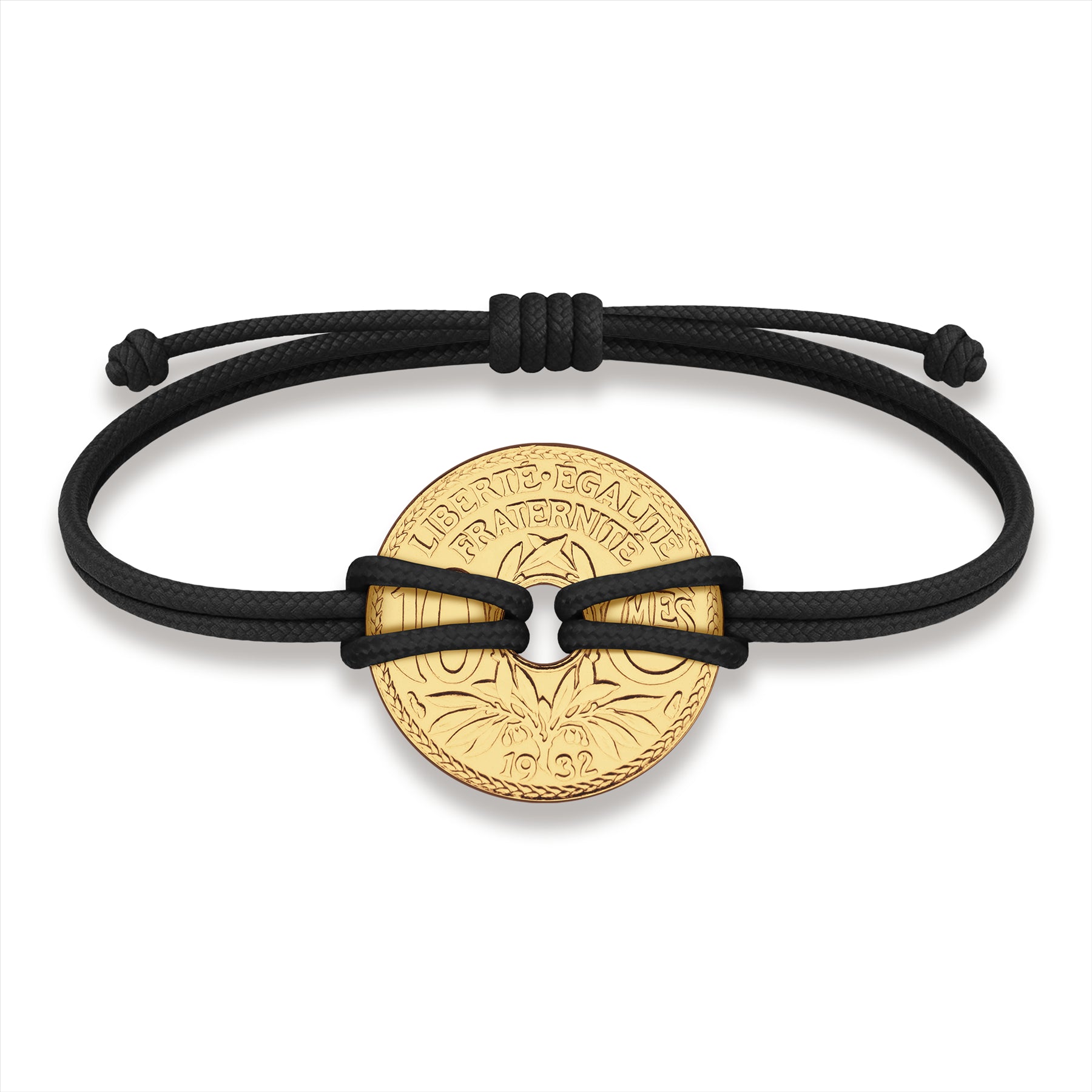 Good Luck Coin Bracelet | Black String Thread Wristband | France Coin 10 Centimes | 18k Gold Plated Fortune Wealth & Protection