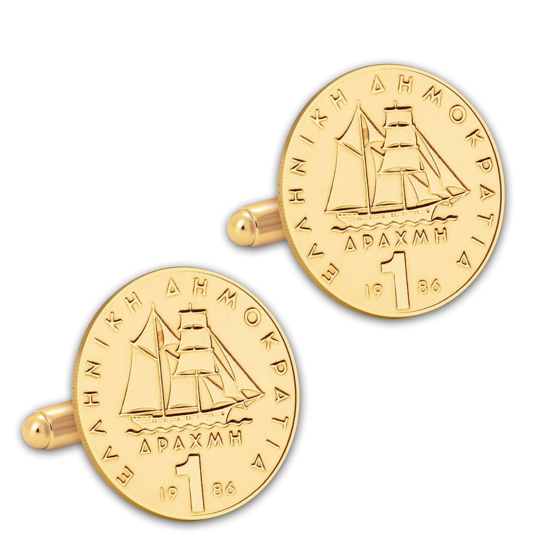 Gold Plated Greek 1 Drachma Coin Cufflinks | Ship Corvette Design | Nautical Men's Accessory