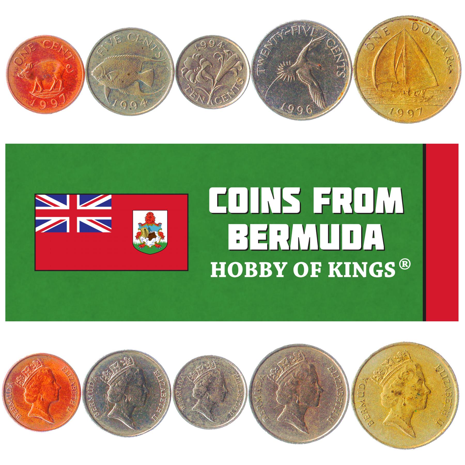 Bermudiska 5 myntset 1 5 10 25 cent 1 dollar | Bermuda Lily | Vildsvin | Queen Angelfish | Bermuda Fitted Dinghy | 1986 - 1998