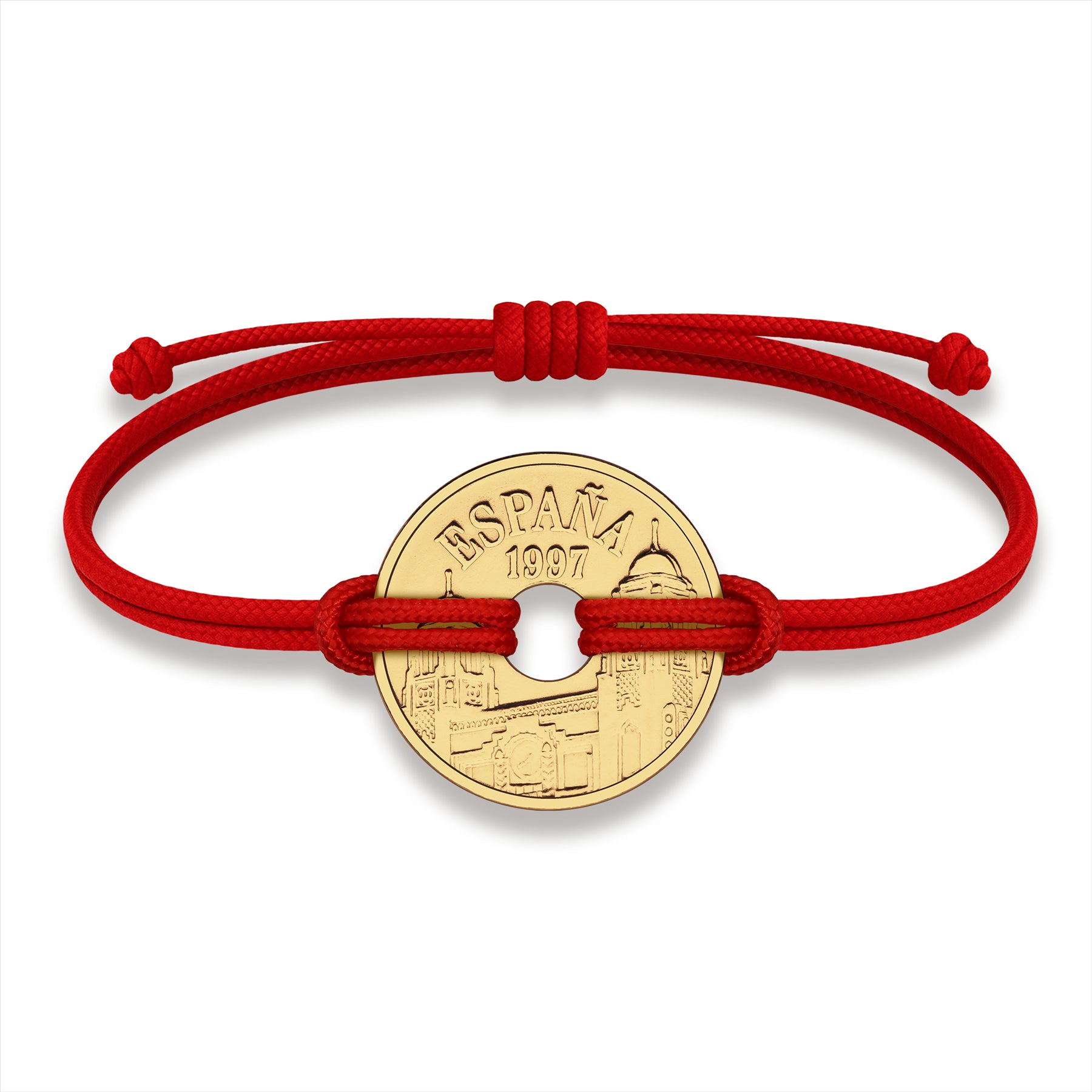 Good Luck Coin Bracelet | Red String Thread Wristband | Spanish 25 Pesetas 1997 | 18k Gold Plated Fortune Wealth & Protection