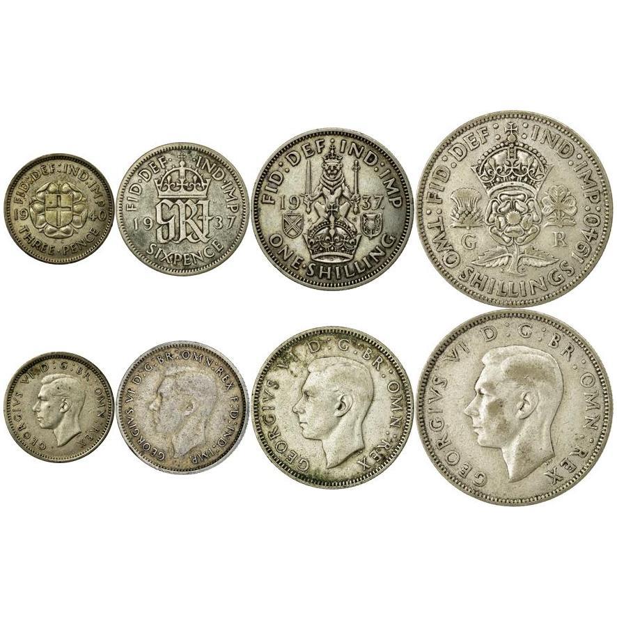 United Kingdom | 4 Coin Set | 3 6 Pence 1 Shilling 2 Shillings | 1937 - 1946