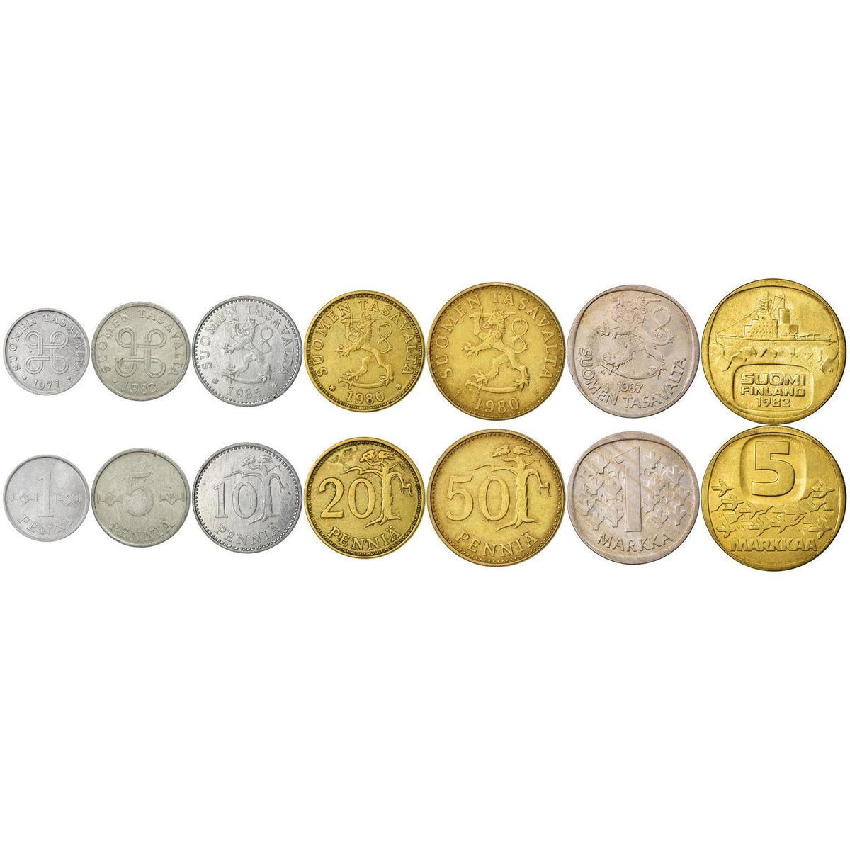 Finsk 7 myntset 1 5 10 20 50 penniä 1 5 markkaa | Träd | Isbrytare | Sankt Hannes kors | Finland | 1977 - 1993