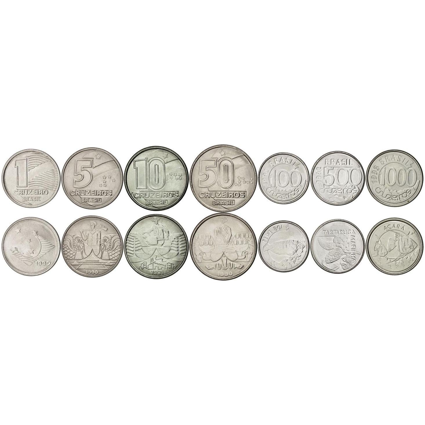 Sett med 7 mynter Brasil 1 5 10 50 100 500 1000 Cruzeiros Brasiliansk valuta 1990 - 1993