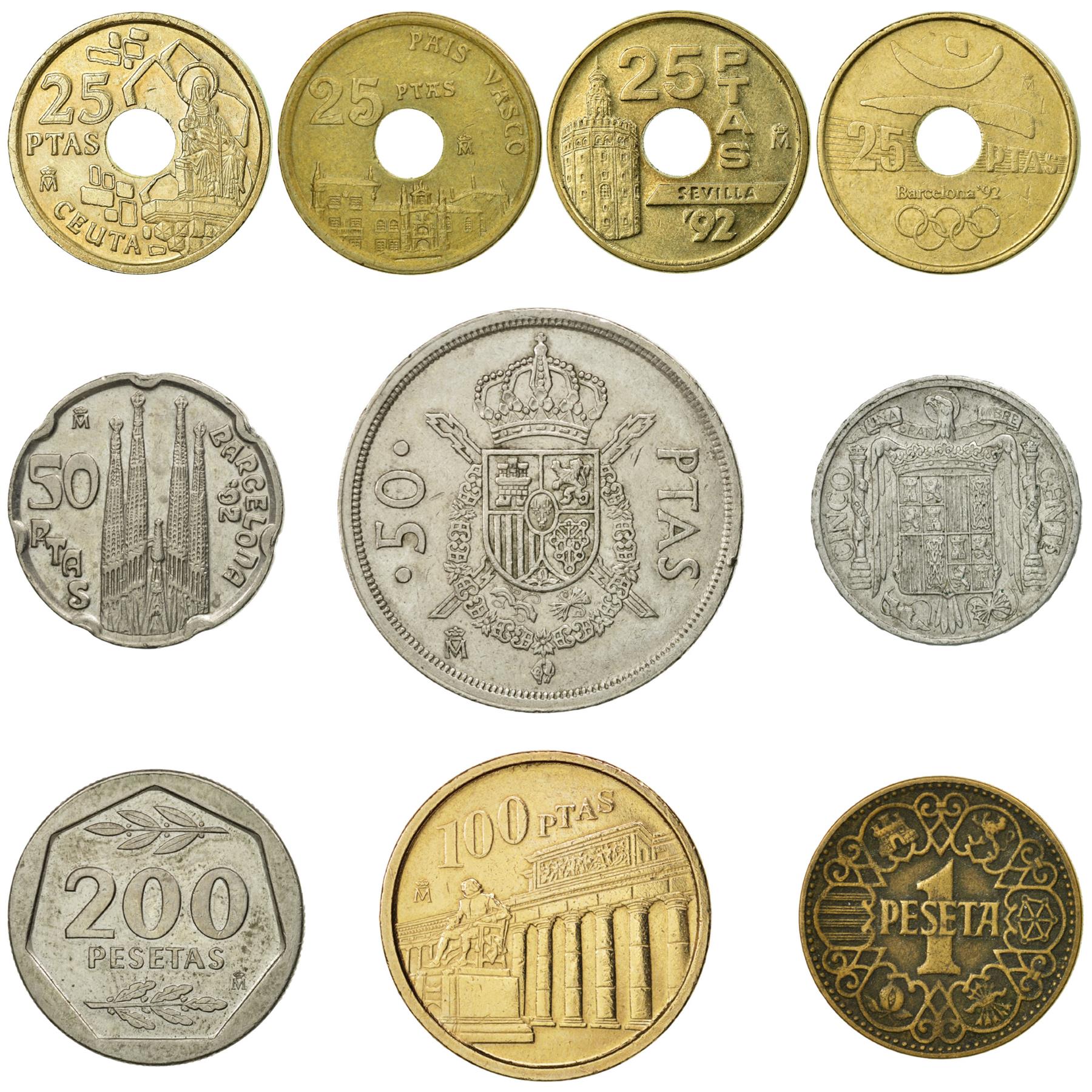 10 Spain Coins | Spanish Currency Collection | 5 Centimos 1 25 50 100 200 Pesetas | Foreign Money | Monedas De Coleccion | 1940 - 1994