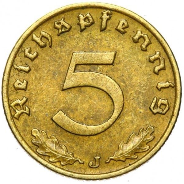 Vokietijos Trečiojo Reicho 5 Reichspfennig moneta | KM91 | 1936 - 1939