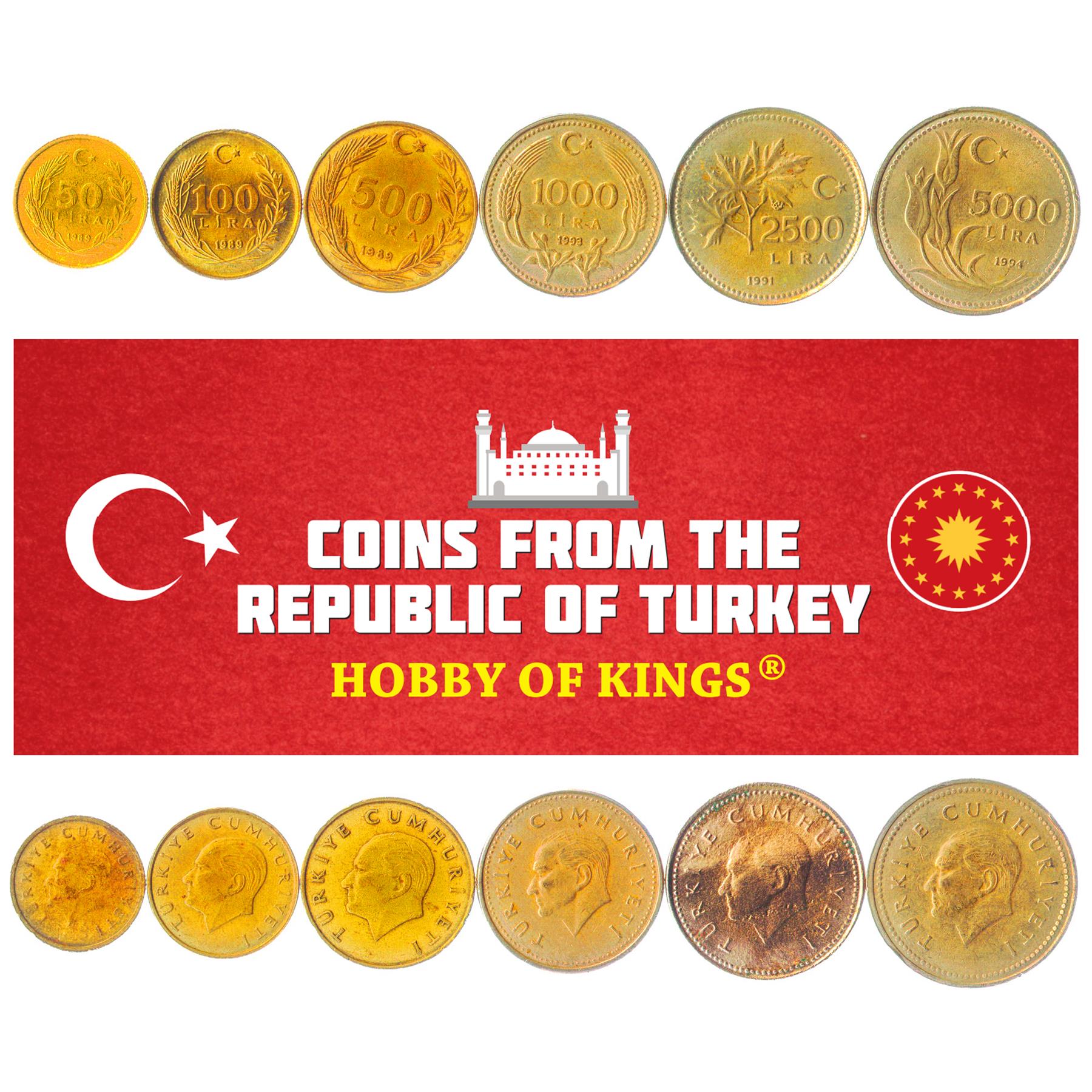 Turkey | 6 Coin Set | 50 100 500 1000 2500 5000 Lira | 1988 - 1994