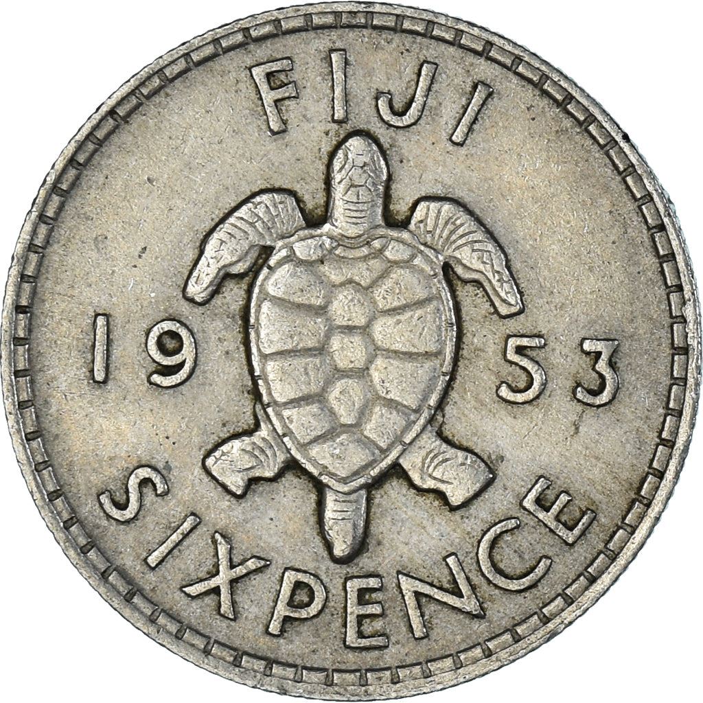 Fiji | 6 Pence Mynt | Drottning Elizabeth II | Havssköldpadda | KM19 | 1953 - 1967