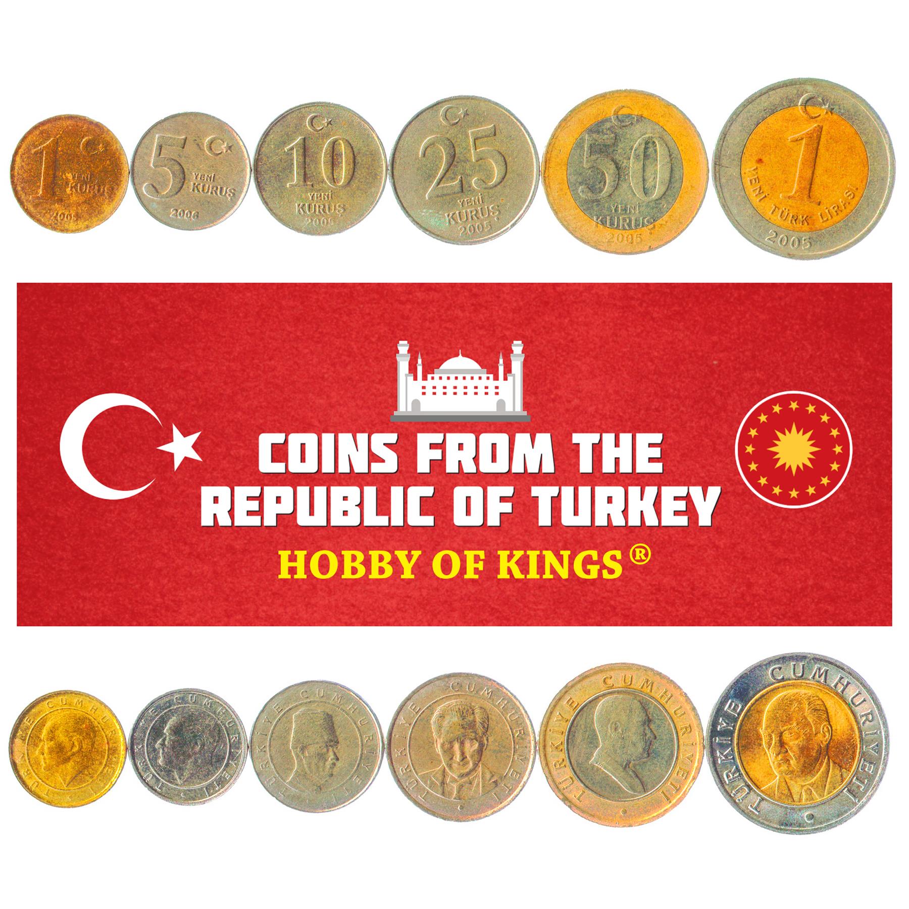 Turkey | 6 Coin Set | 1 Yeni 5 Yeni 10 Yeni 25 Yeni 50 Yeni Kurus 1 Yeni Lira | 2005 - 2009