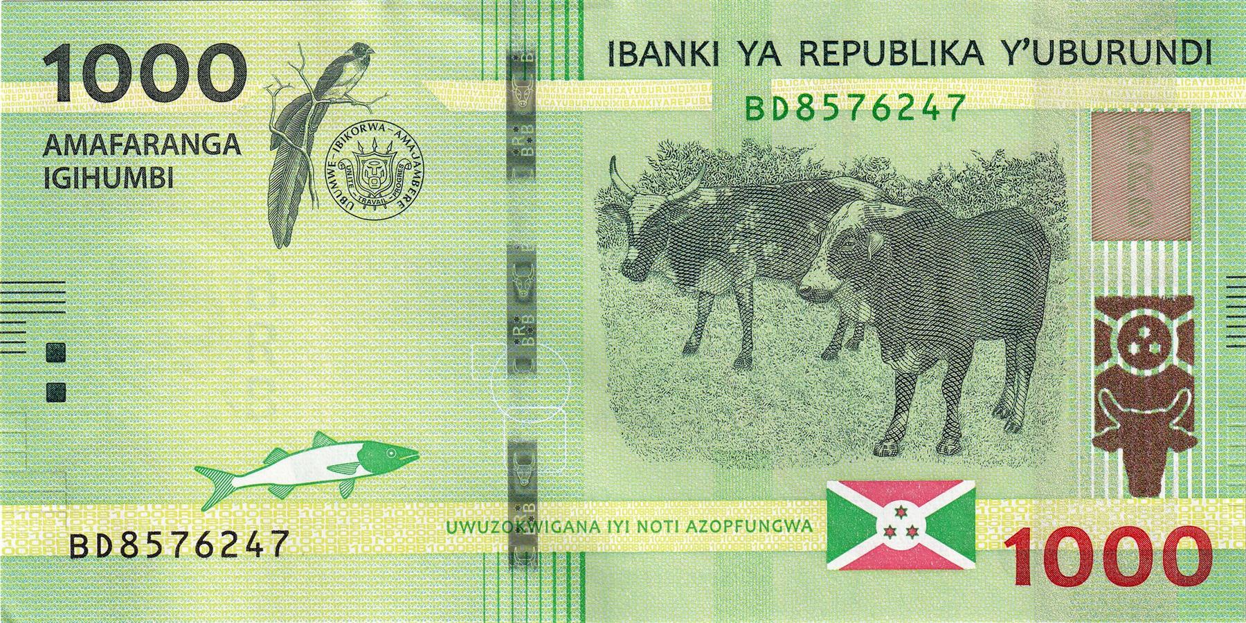 Burundi | 1000 Francs Banknote | 2021 - 2023 | Cows | Paradise Whydah | Map of Burundi | Banana Plants
