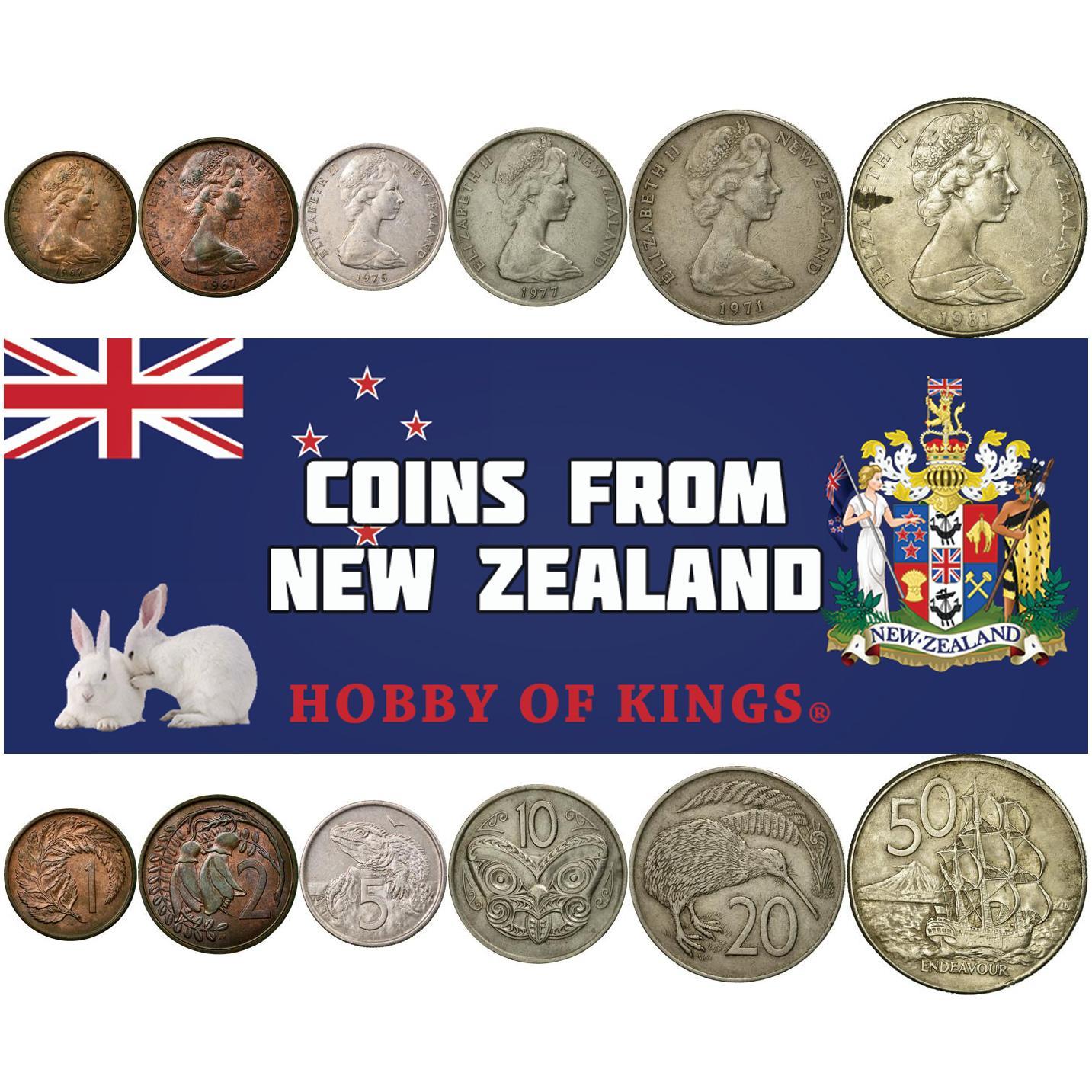 New Zealand 6 Coin Set 1 Cent 2 5 10 20 50 Cents | Elizabeth Ii | A Tuatara | Kiwi | Fern Leaf | Kowhai | Endeavour | New Zealand | 1967 - 1985