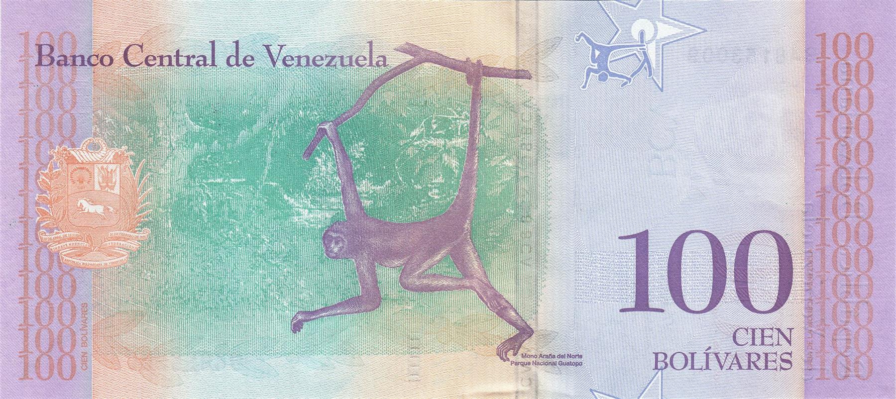 Venezuela | 100 Bolivares Banknote | 2018 | Ezequiel Zamora | Guatopo National Park | Brown Spider Monkey