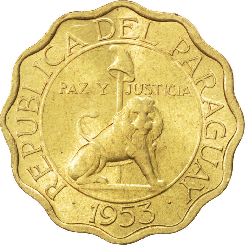 Paraguay | 15 Centimos Coin | Nickel brass | Coat of Arms | Wreath | Cat or feline | Phrygian cap | KM:26 | 1953