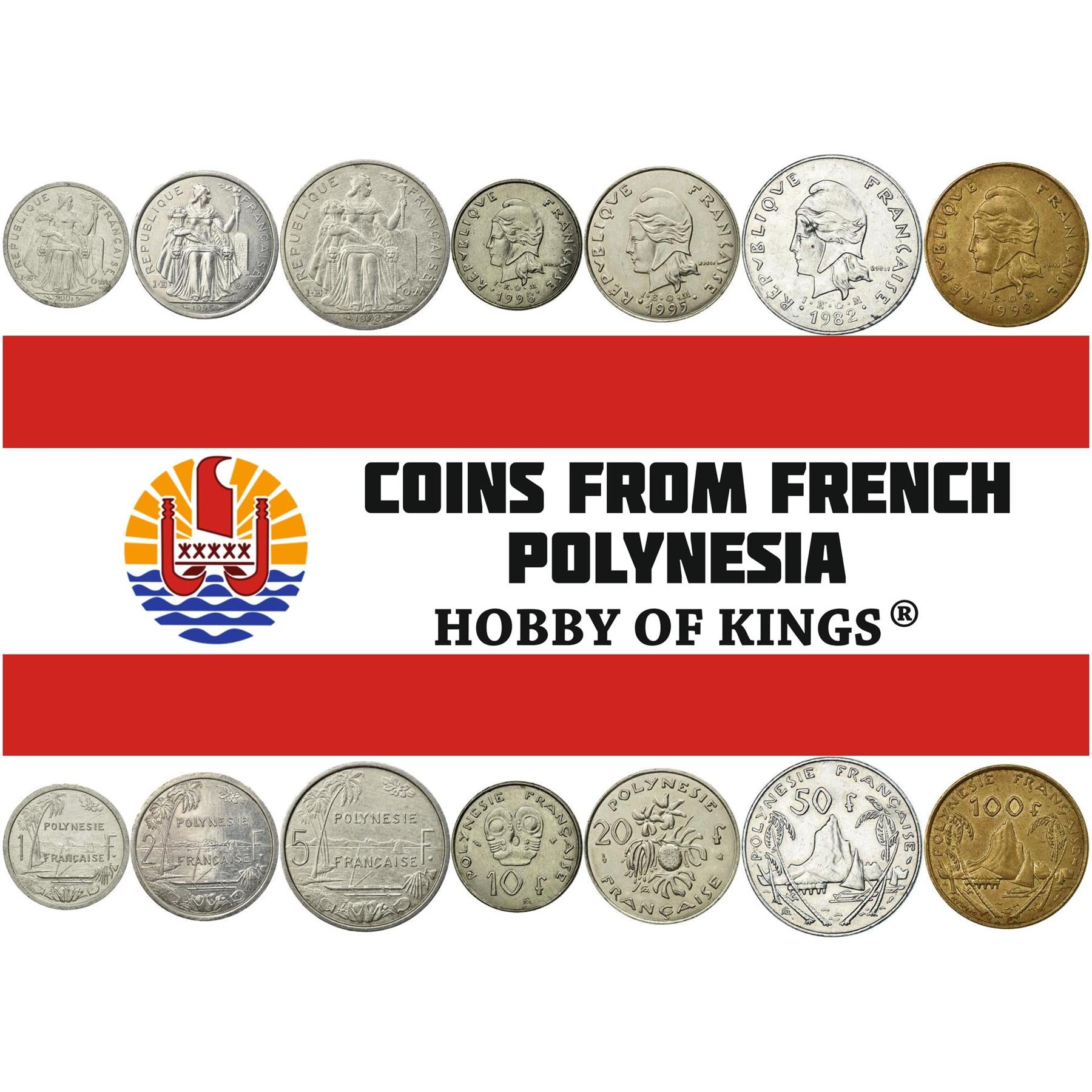 French Polynesia | 7 Coin Set | 1 Franc 2 5 10 20 50 100 Francs | 1972 - 2006