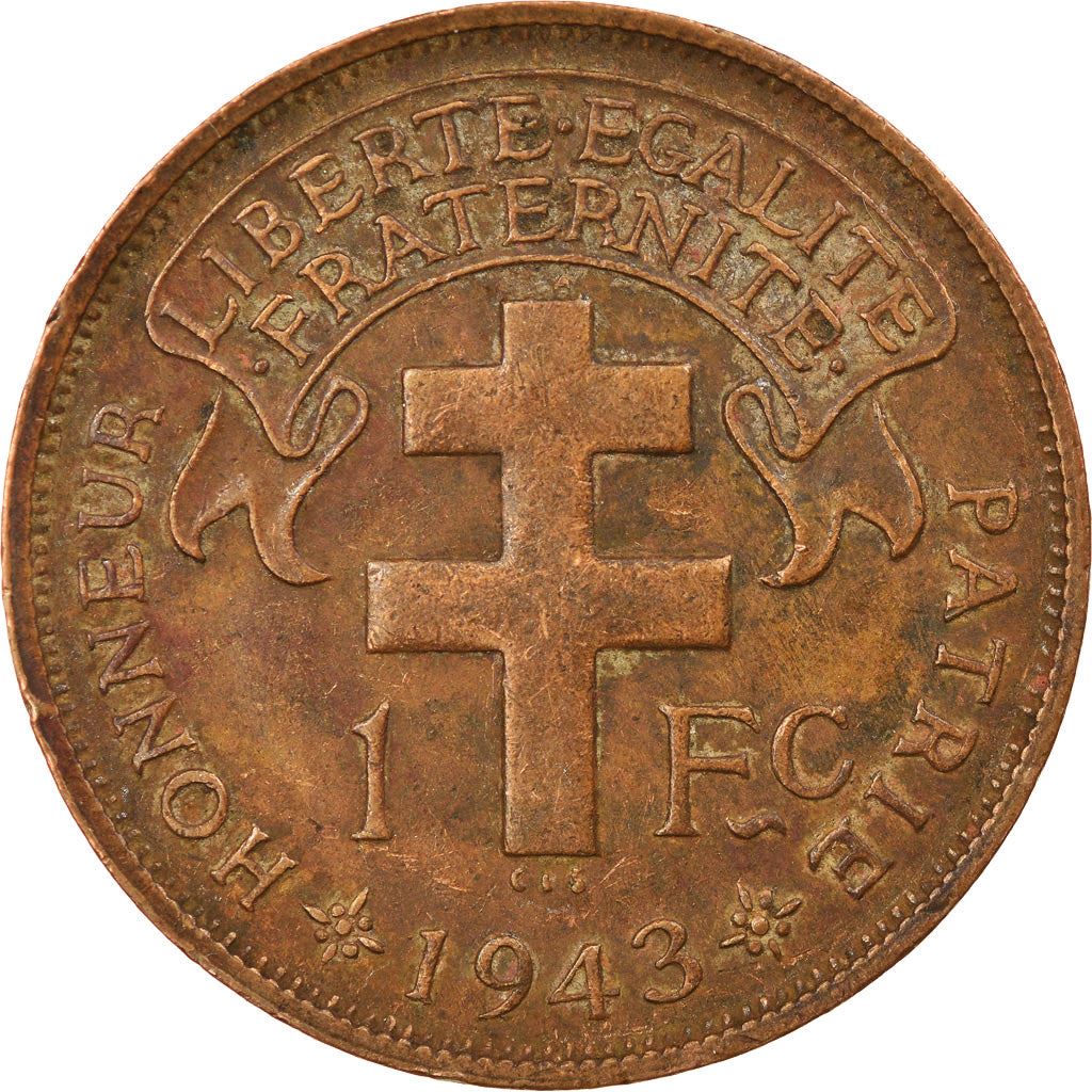 French Cameroon | 1 Franc Coin | Rooster | Lorraine Cross | Km:7 | 1943